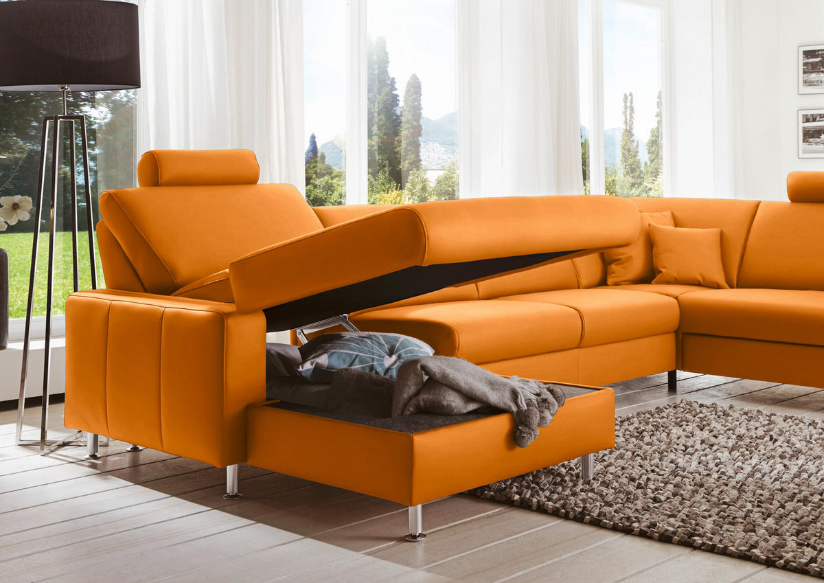 WOHNLANDSCHAFT in Echtleder Orange  - Alufarben/Orange, Design, Leder/Metall (165/339/233cm) - Beldomo Premium