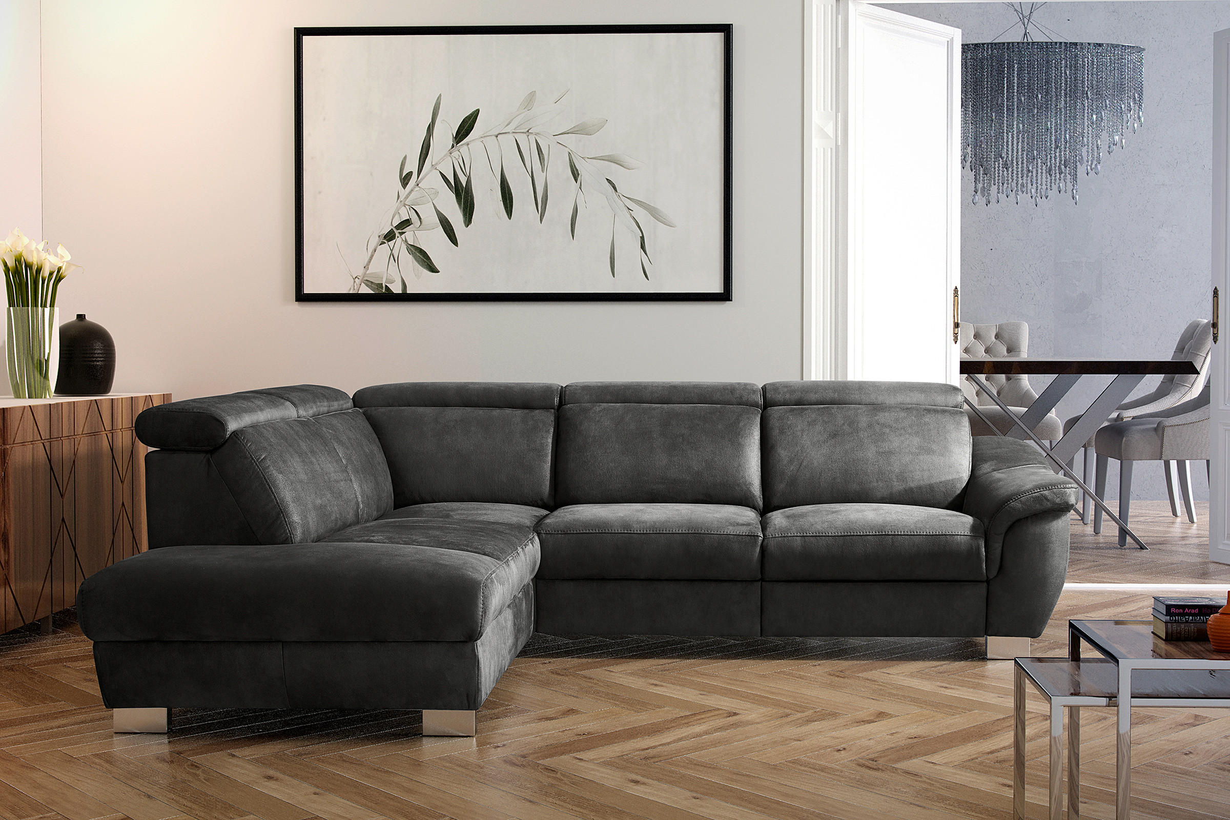 ECKSOFA Anthrazit Mikrofaser Rücken echt, Relaxfunktion, Kopfteilverstellung  - Chromfarben/Anthrazit, Design, Textil/Metall (238/276cm) - Livetastic