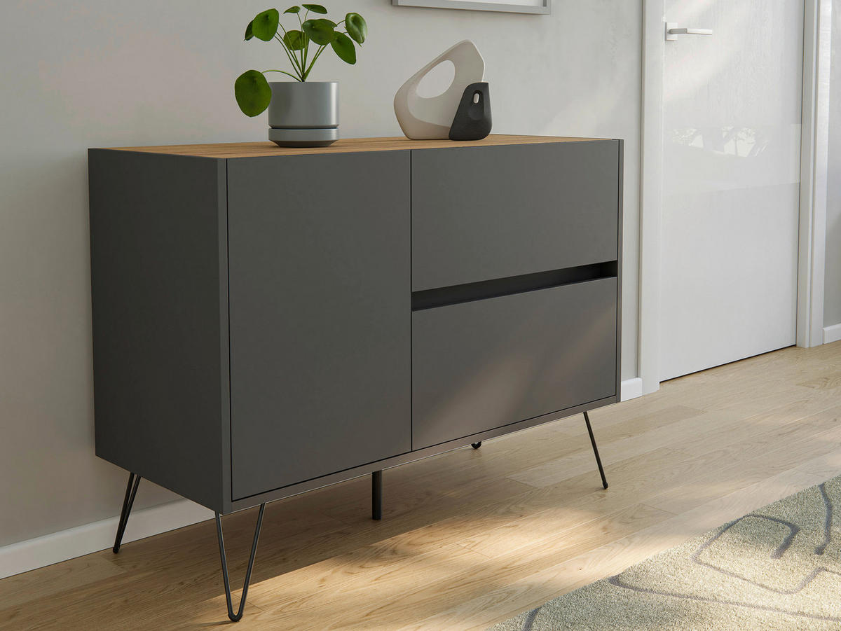 SIDEBOARD Posseik Industrial  in 99/75,8/42 cm  - Eichefarben/Graphitfarben, Design, Holzwerkstoff/Metall (99/75,8/42cm) - P & B