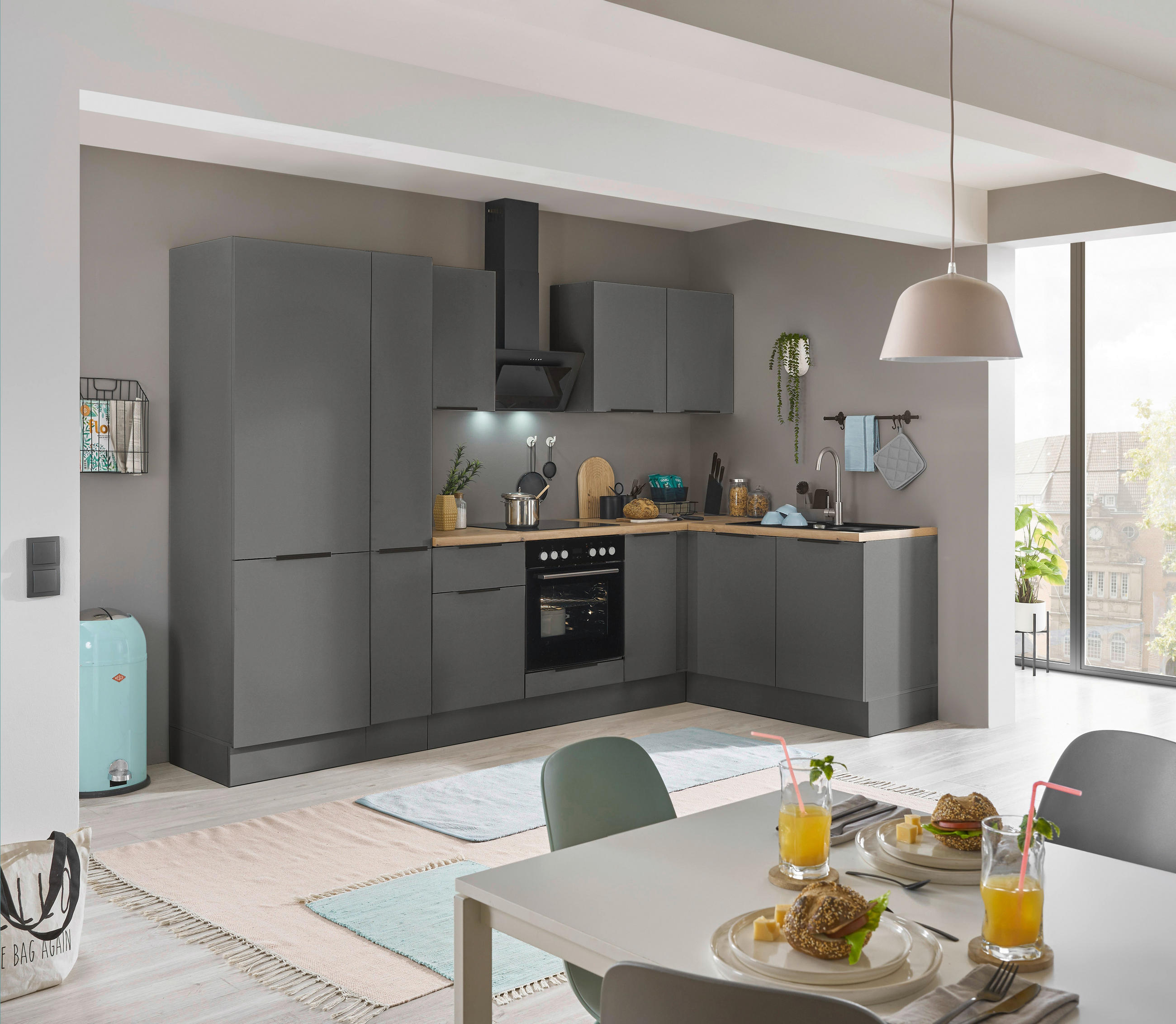 ECKKÜCHE 300/165 cm  in Graphitfarben  - Schwarz/Graphitfarben, Basics, Holzwerkstoff/Metall (300/165cm) - Carryhome