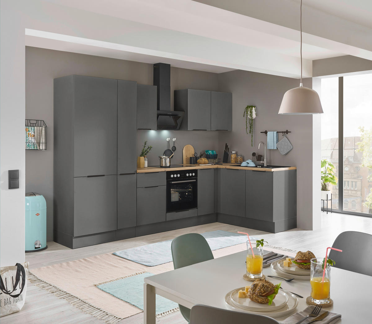 ECKKÜCHE 300/165 cm  in Graphitfarben  - Schwarz/Graphitfarben, Basics, Holzwerkstoff/Metall (300/165cm) - Carryhome