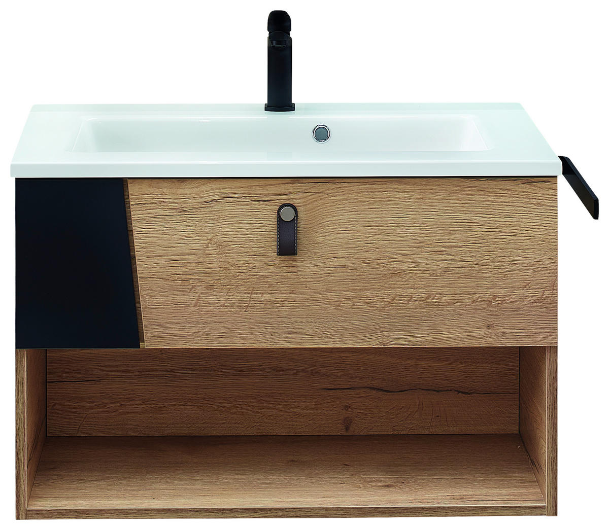 WASCHTISCHKOMBI 78 cm  - Eichefarben/Schwarz, KONVENTIONELL, Leder/Glas (78cm) - Sadena