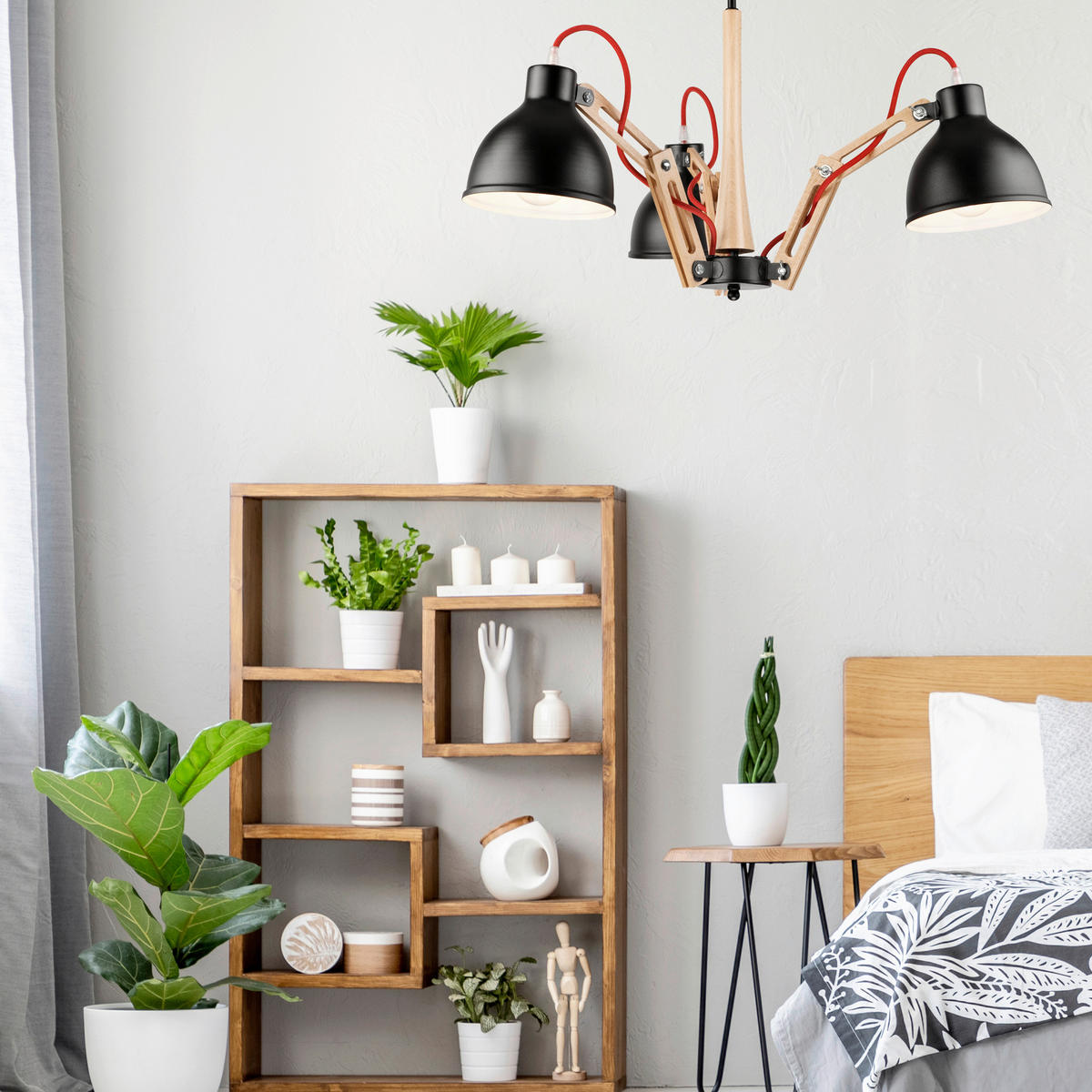 HÄNGELEUCHTE Marcello 39/65 cm  - Buchefarben/Schwarz, Design, Holz/Metall (39/65cm)
