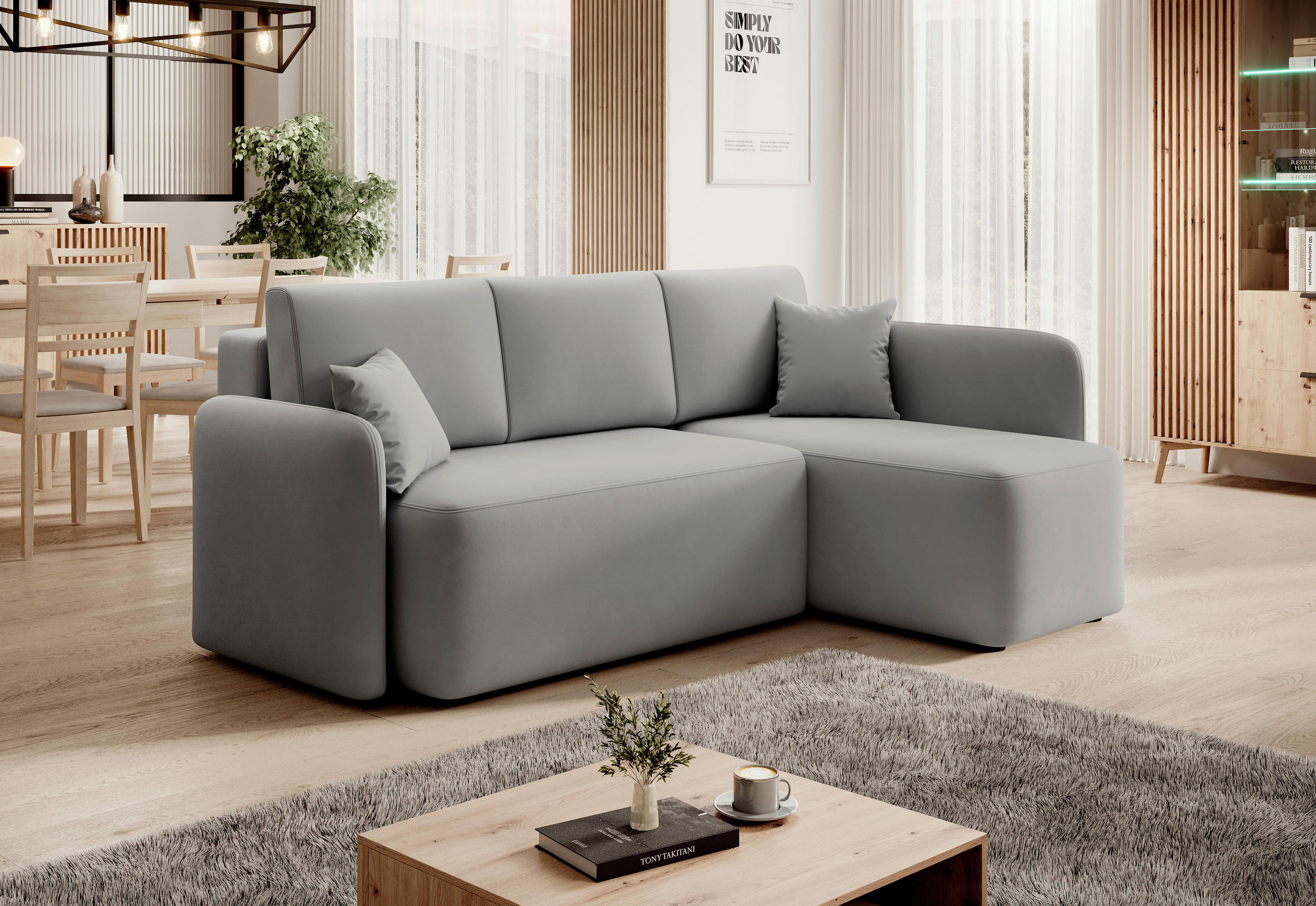 ECKSOFA Hellgrau Plüsch  - Hellgrau/Schwarz, Design, Kunststoff/Textil (206cm) - MID.YOU