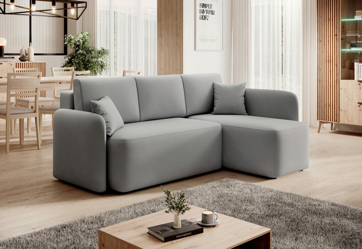 ECKSOFA in Plüsch Hellgrau   - Hellgrau/Schwarz, Design, Kunststoff/Textil (206cm) - MID.YOU
