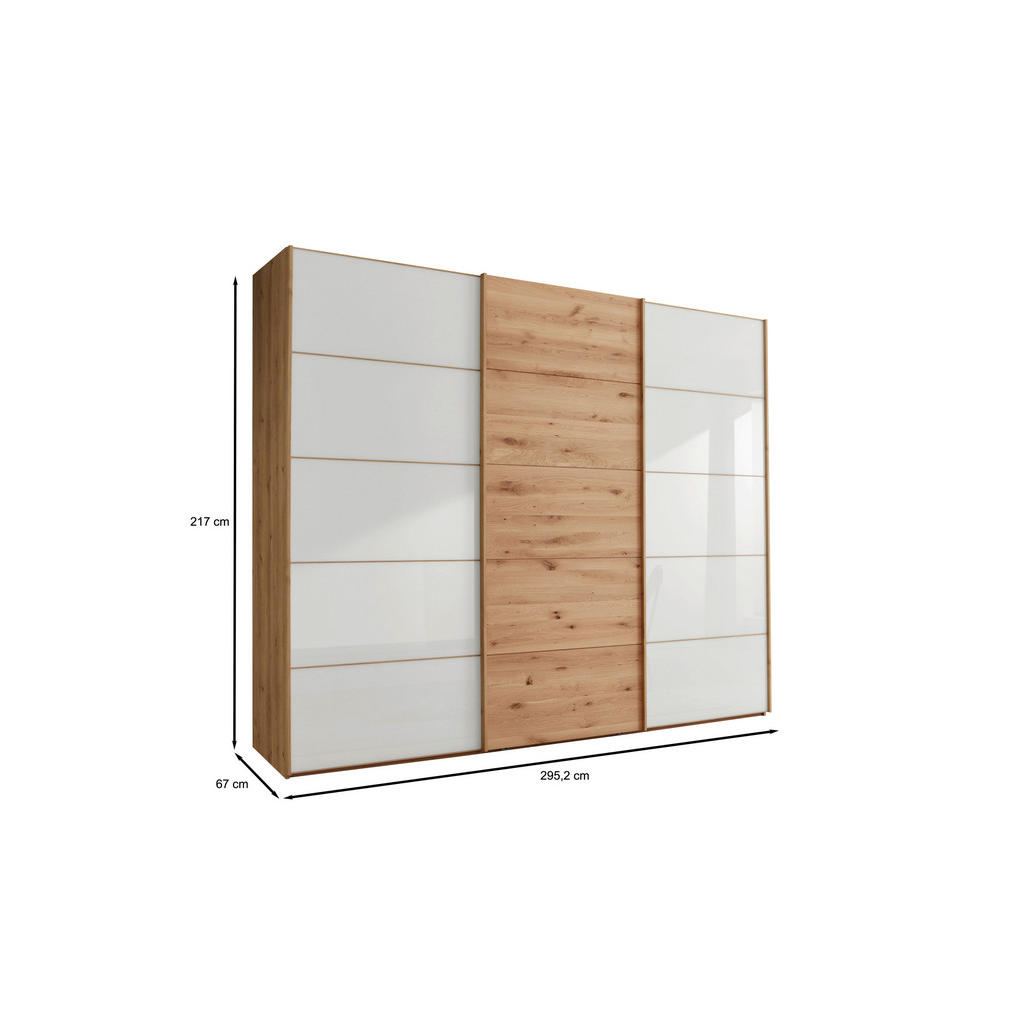 Thumbnail - Linea Natura Schwebetürenschrank, Weiß, Eiche Bianco, Holzwerkstoff, Eiche, teilmassiv, 6 Fächer, 300x217x67 cm, ISO 900...