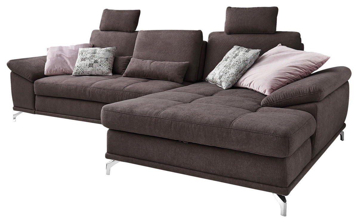 ECKSOFA Dunkelbraun Flachgewebe Bettkasten, Schlaffunktion, Sitztiefenverstellung, Kopfstütze, Liegefläche im Originalstoff  - Dunkelbraun/Silberfarben, KONVENTIONELL, Textil/Metall (301/176cm) - Sit & More