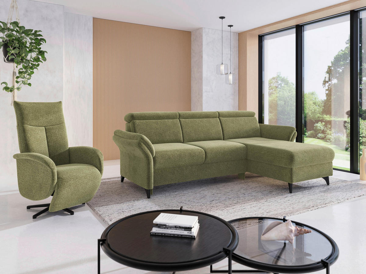 ECKSOFA GLENDALE E Hellgrün Flachgewebe  - Eichefarben/Hellgrün, KONVENTIONELL, Holz/Textil (253/166cm) - Sit & More