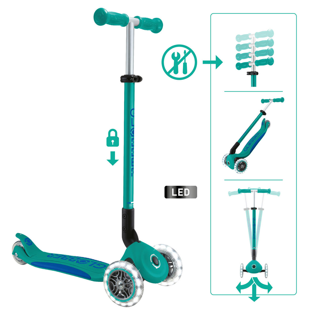 KINDERSCOOTER ELITE LIGHTS  - Türkis, Basics, Kunststoff (57.5/28/82.5cm) - GLOBBER