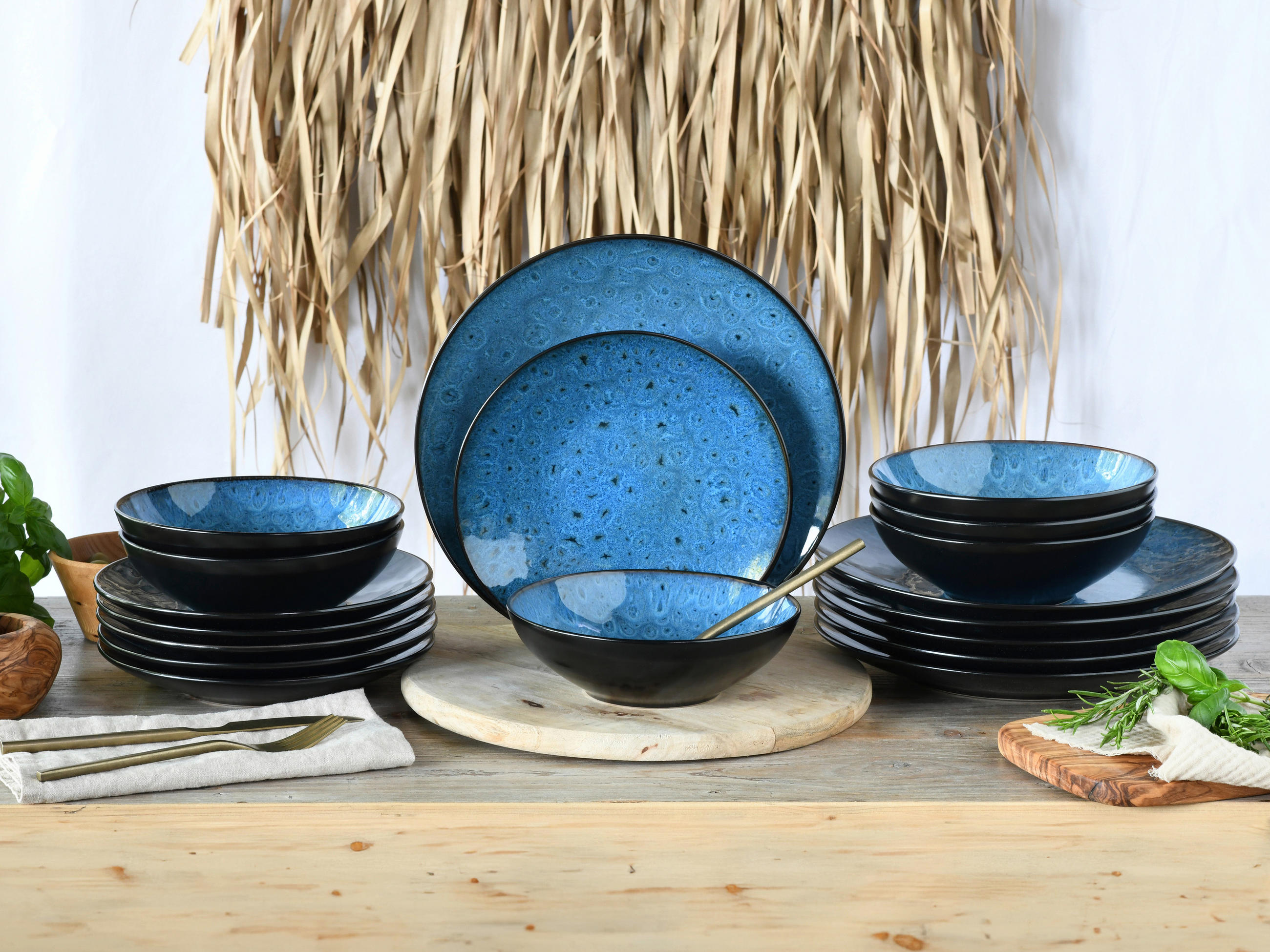 TAFELSERVICE Blau, Schwarz 18-teilig Capri  - Blau/Schwarz, Basics, Keramik - Creatable