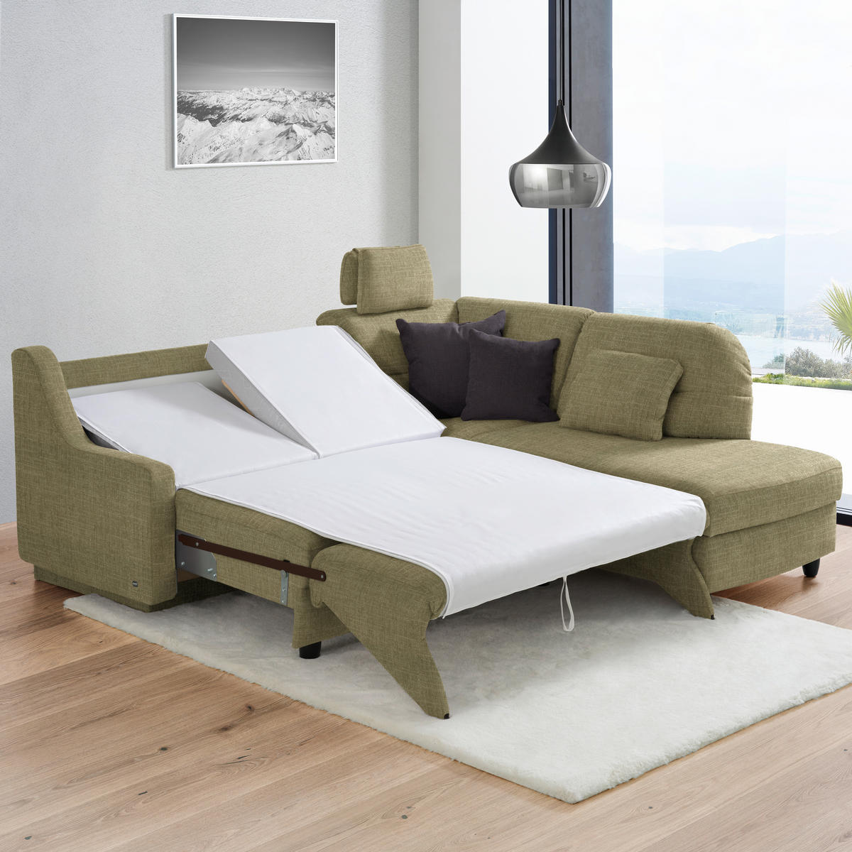 ECKSOFA in Chenille Olivgrün  226/208 cm  - Schwarz/Olivgrün, KONVENTIONELL, Textil (226/208cm) - Sedda