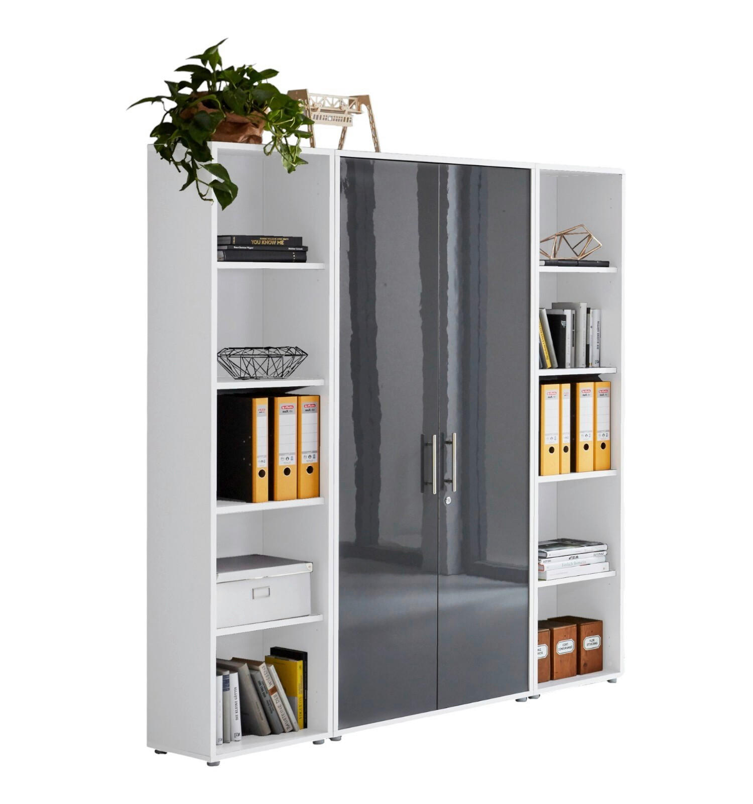 Mid.you Aktenschrank Office Edition - SW Set 3 hoch Weiß, Anthrazit Hochglanz 173x186x33 cm