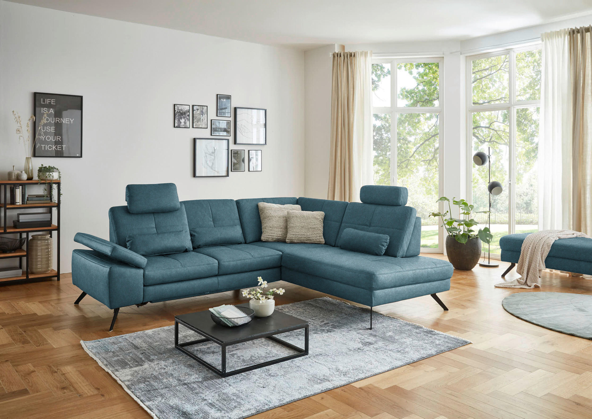 ECKSOFA in Lederlook, Mikrofaser Blau  - Blau/Schwarz, Design, Textil/Metall (261/194cm) - Beldomo System