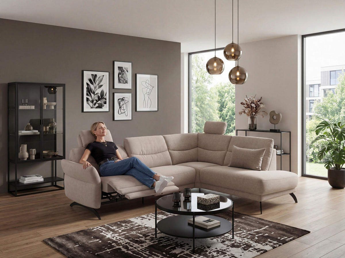 ECKSOFA Sandfarben Webstoff  - Sandfarben/Schwarz, KONVENTIONELL, Textil/Metall (263/201cm) - Pure Home Comfort