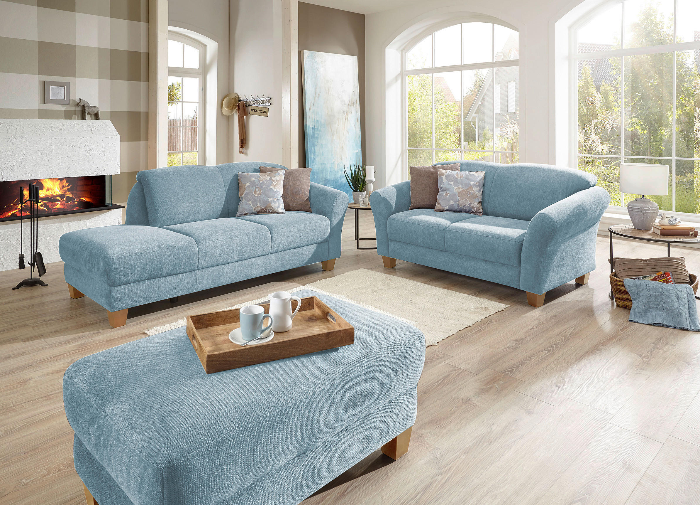 HOCKER in Textil Hellblau  - Naturfarben/Hellblau, Konventionell, Holz/Textil (101/45/66cm) - Sit & More