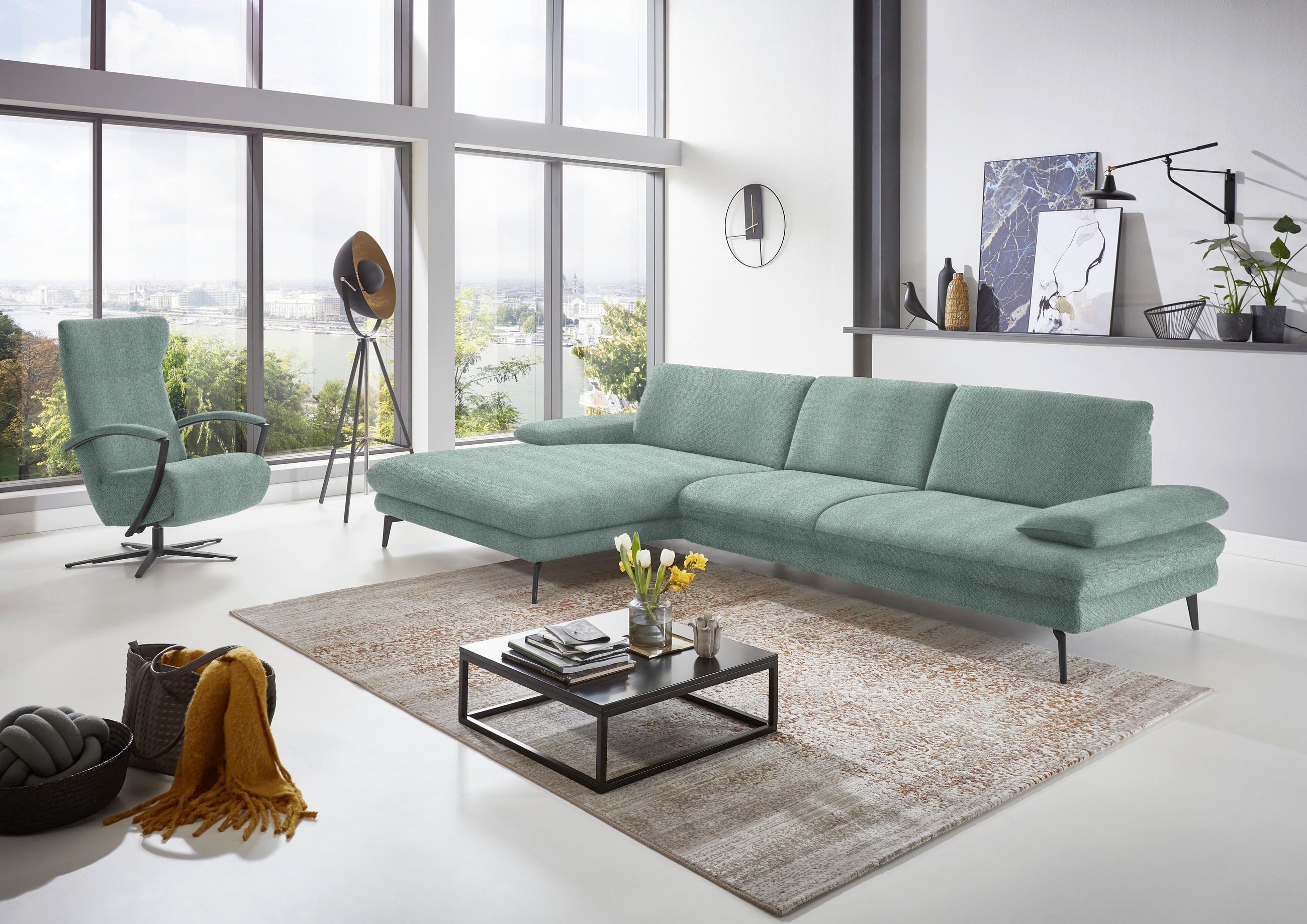 ECKSOFA in Chenille Mintgrün  - Schwarz/Mintgrün, Design, Textil/Metall (180/310cm) - Dieter Knoll