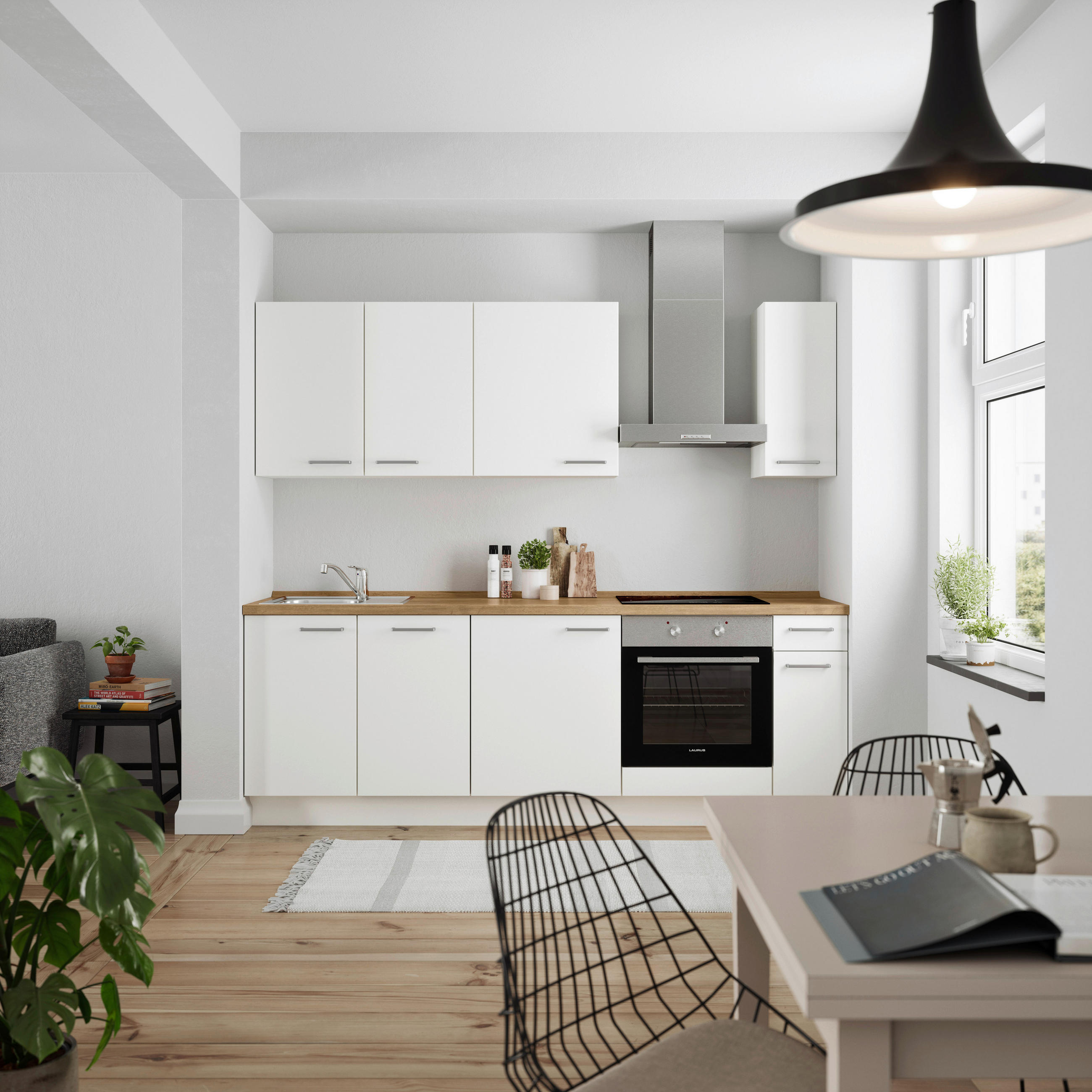 KÜCHENBLOCK Touch 240 cm  in Weiß, Eichefarben  - Edelstahlfarben/Eichefarben, MODERN, Holzwerkstoff/Metall (240cm) - Nobilia