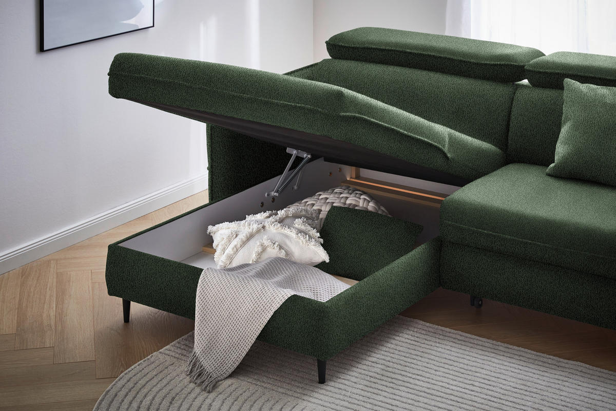 ECKSOFA in Flachgewebe Grün  - Schwarz/Grün, Design, Holz/Textil (185/232cm) - Stylife