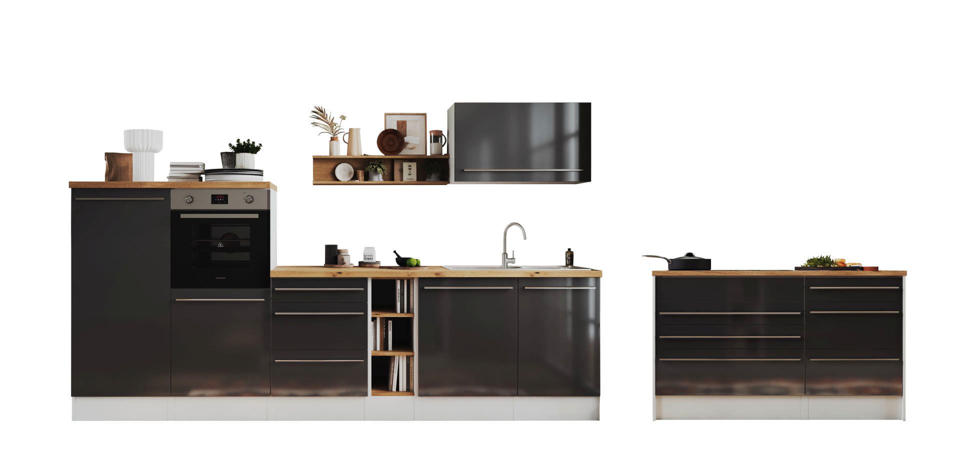 KÜCHENBLOCK 320-150 cm   in Grau Hochglanz  - Wildeiche/Edelstahlfarben, Design, Holzwerkstoff/Kunststoff (320-150cm) - Respekta