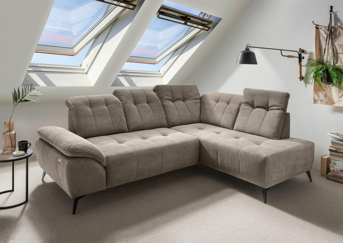 ECKSOFA in Cord Graubraun  - Graubraun/Schwarz, Modern, Textil/Metall (272/200cm) - Livetastic