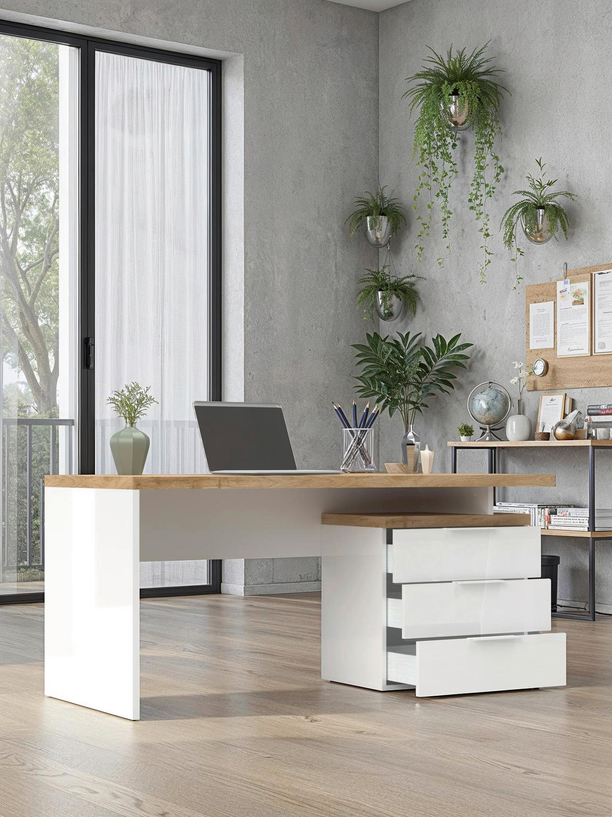 SKRIVBORD 160/75/68 cm vit högglans, ekfärgad förvaringsutrymme  - vit/vit högglans, Modern, metall/trämaterial (160/75/68cm) - Best Price