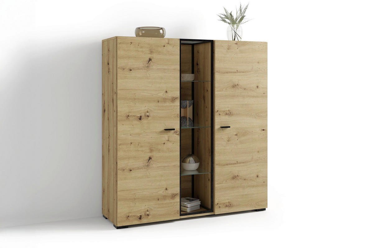 HIGHBOARD FRAME, 120/130,5/38 cm,  - Schwarz/Eiche Artisan, MODERN, Glas/Holzwerkstoff (120/130,5/38cm) - MID.YOU