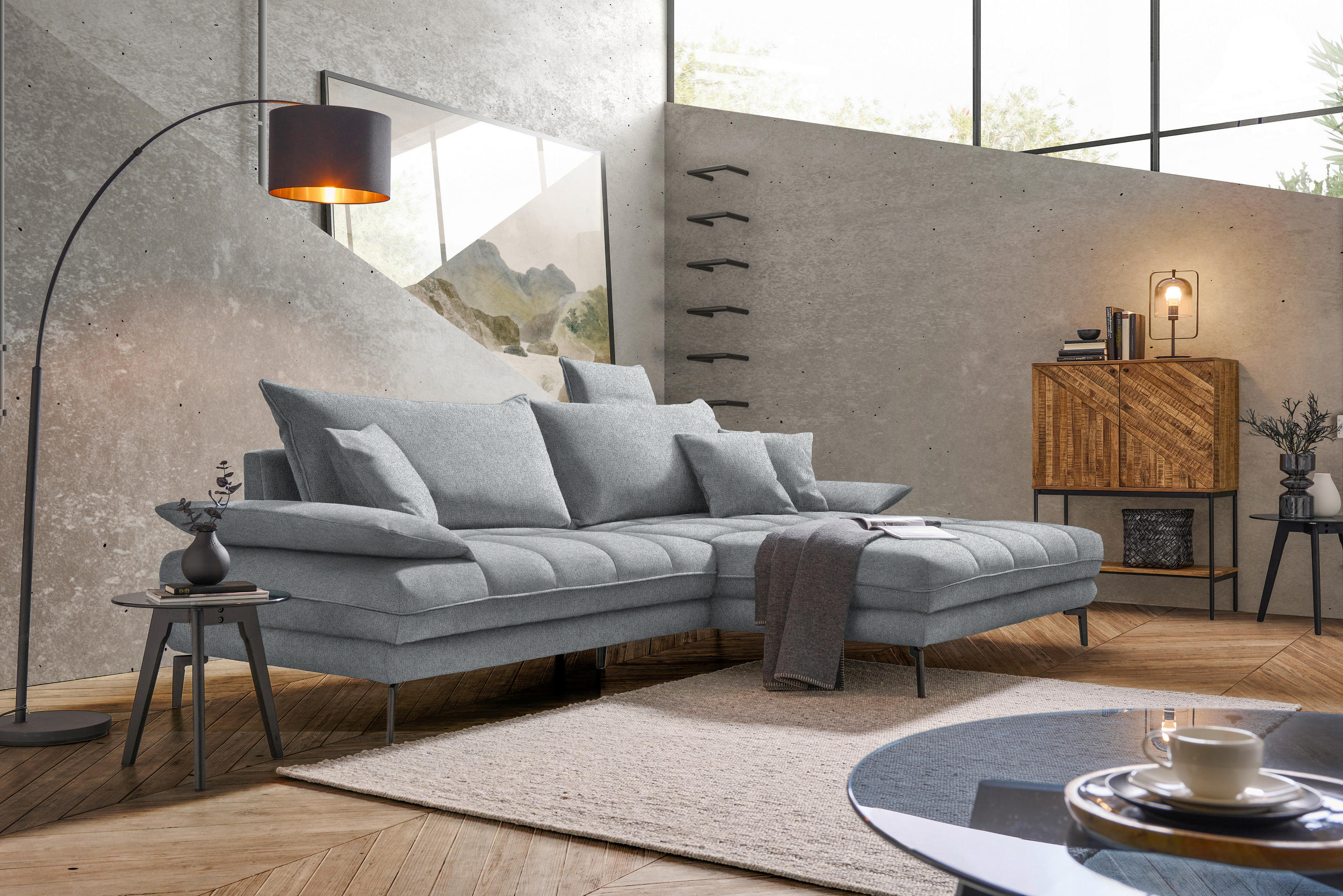 ECKSOFA in Webstoff Grau  292/176 cm  - Schwarz/Grau, MODERN, Textil/Metall (292/176cm) - Carryhome