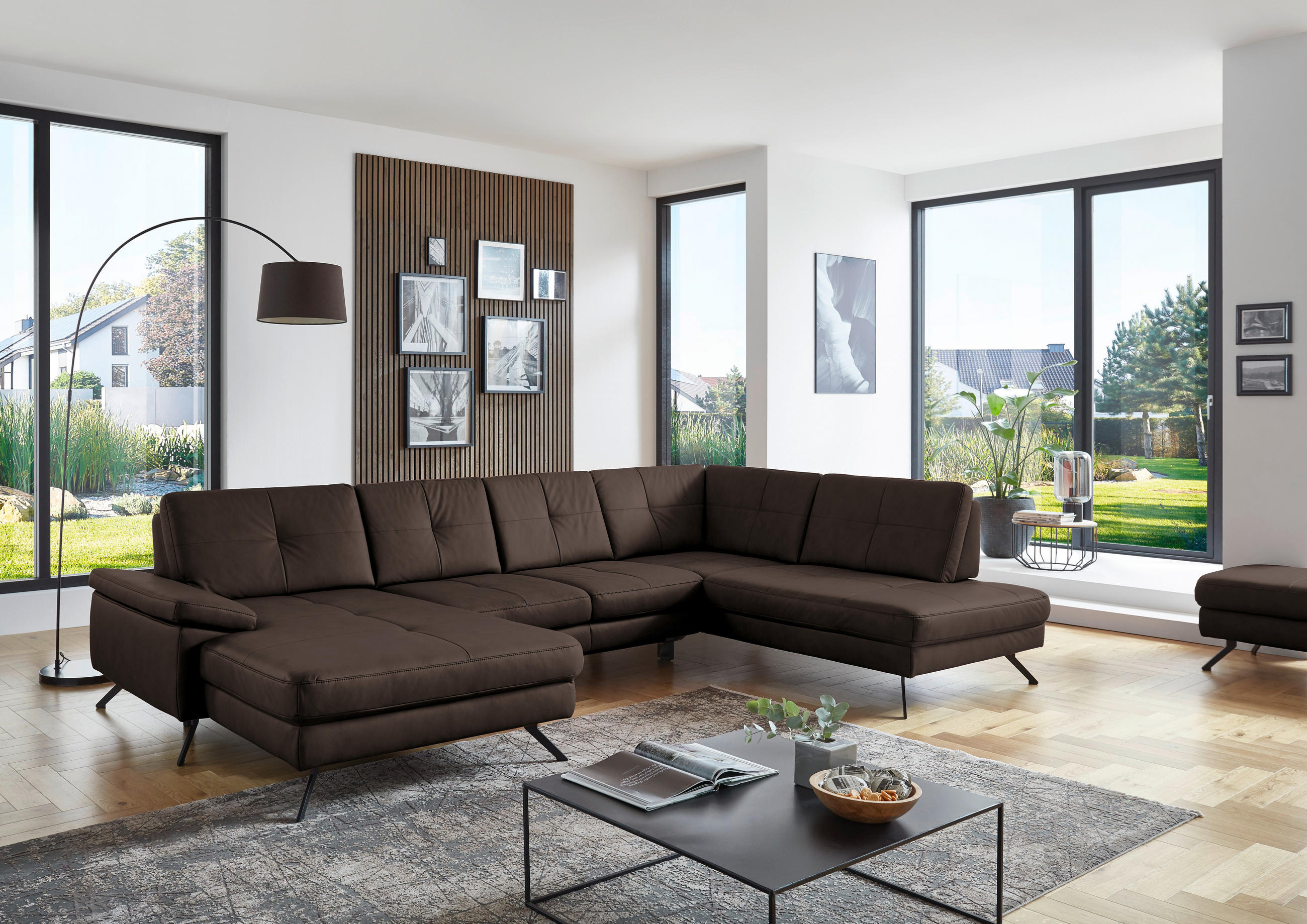 WOHNLANDSCHAFT in Mikrofaser, Lederlook Dunkelbraun  - Dunkelbraun/Schwarz, Design, Textil/Metall (345/220cm) - Beldomo System