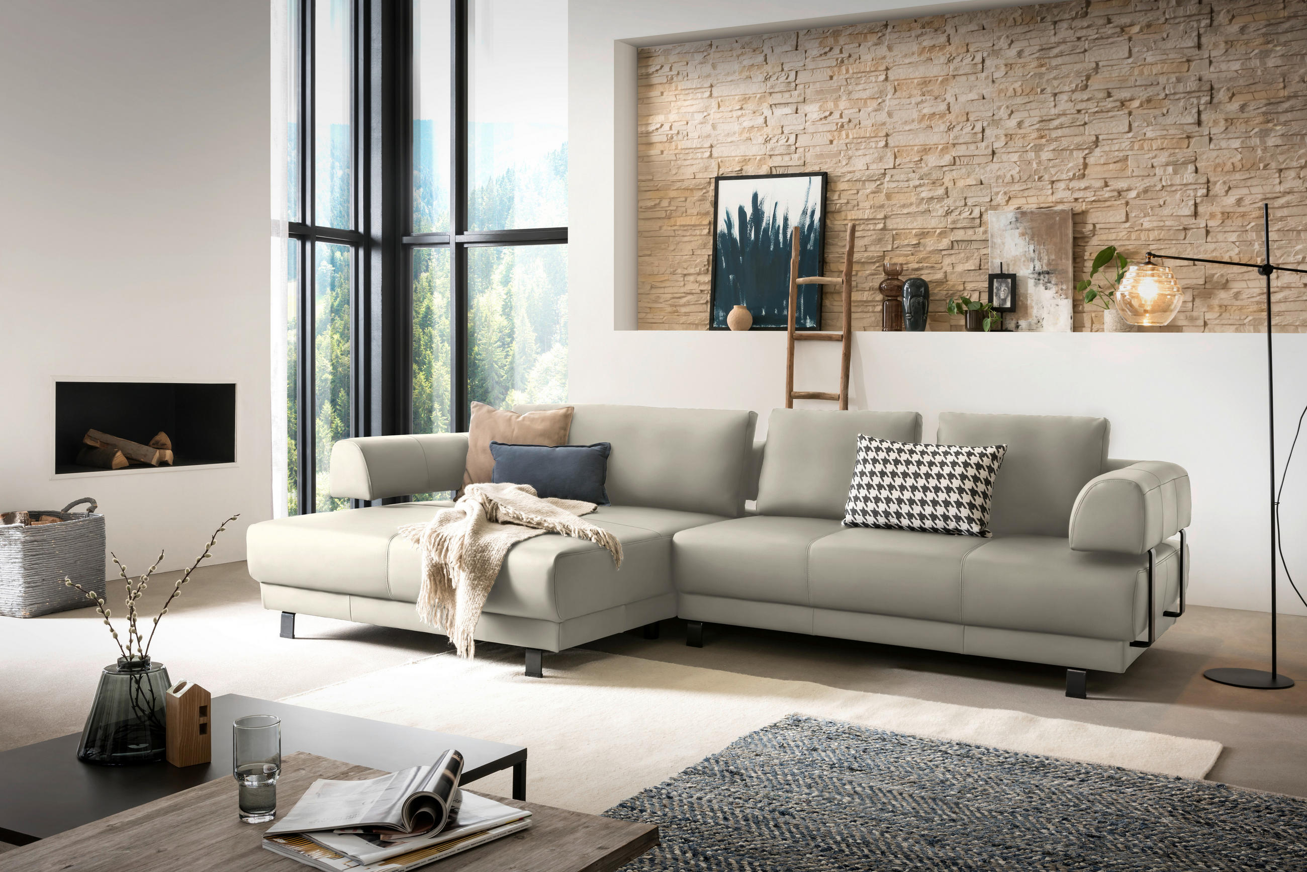 ECKSOFA in Echtleder Creme, Naturfarben  - Creme/Schwarz, Design, Leder/Metall (188/307cm)
