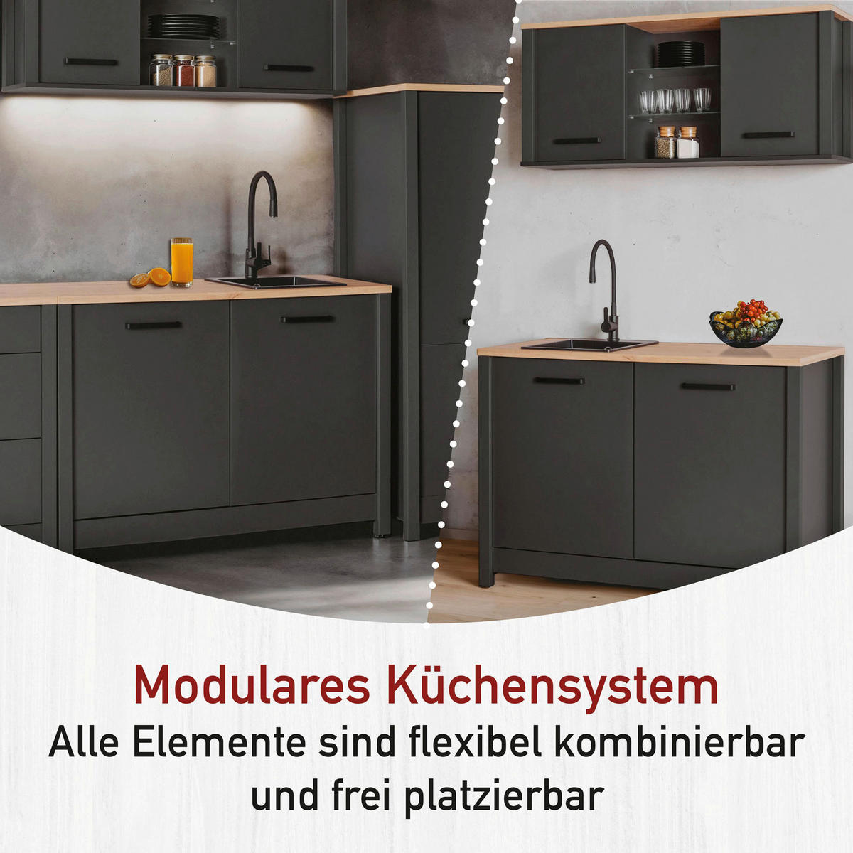 KÜCHENLEERBLOCK   in Anthrazit, Eiche Artisan  - Anthrazit/Schwarz, MODERN, Glas/Holzwerkstoff (300/167/60cm) - home24