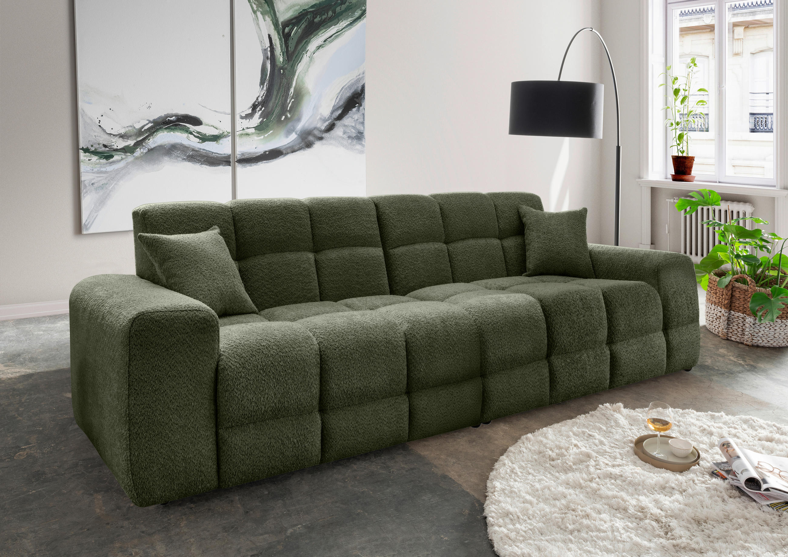 VIERSITZER-SOFA in Bouclé Waldgrün  - Waldgrün/Schwarz, MODERN, Kunststoff/Textil (300/87/120cm) - Livetastic