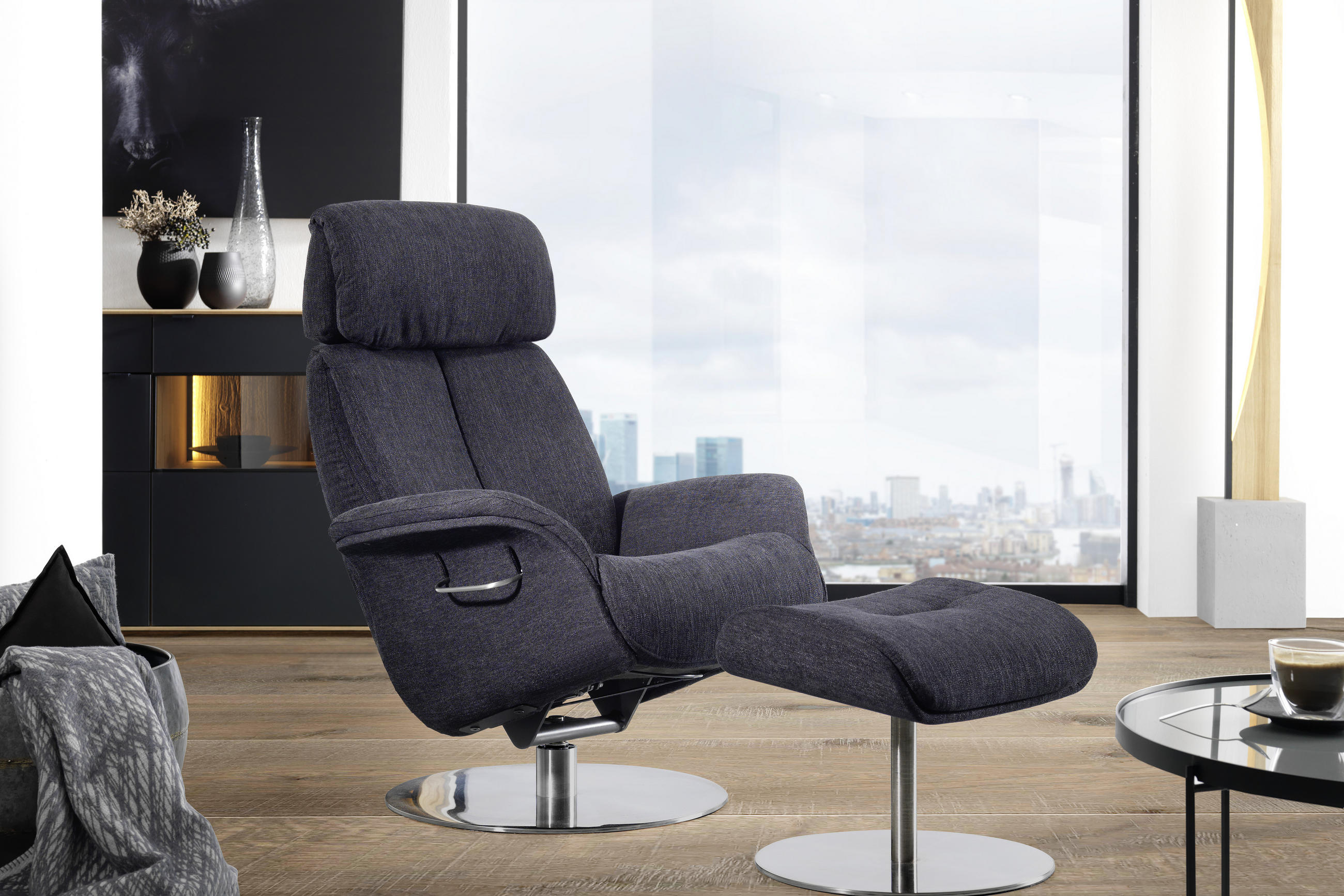 RELAXSESSEL Flachgewebe Relaxfunktion, Kopfteilverstellung    - Schwarz, Design, Textil/Metall (76/104-113/84cm) - Welnova