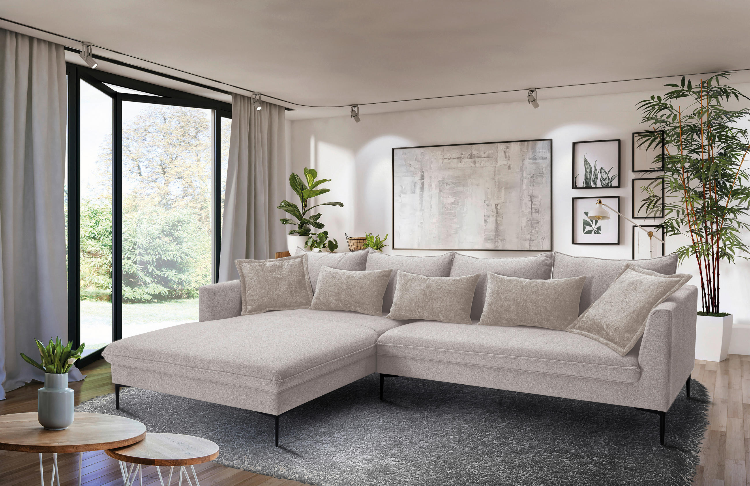 ECKSOFA PIAZZA Beige Flachgewebe  - Beige/Schwarz, Design, Textil/Metall (187/321cm) - Livetastic
