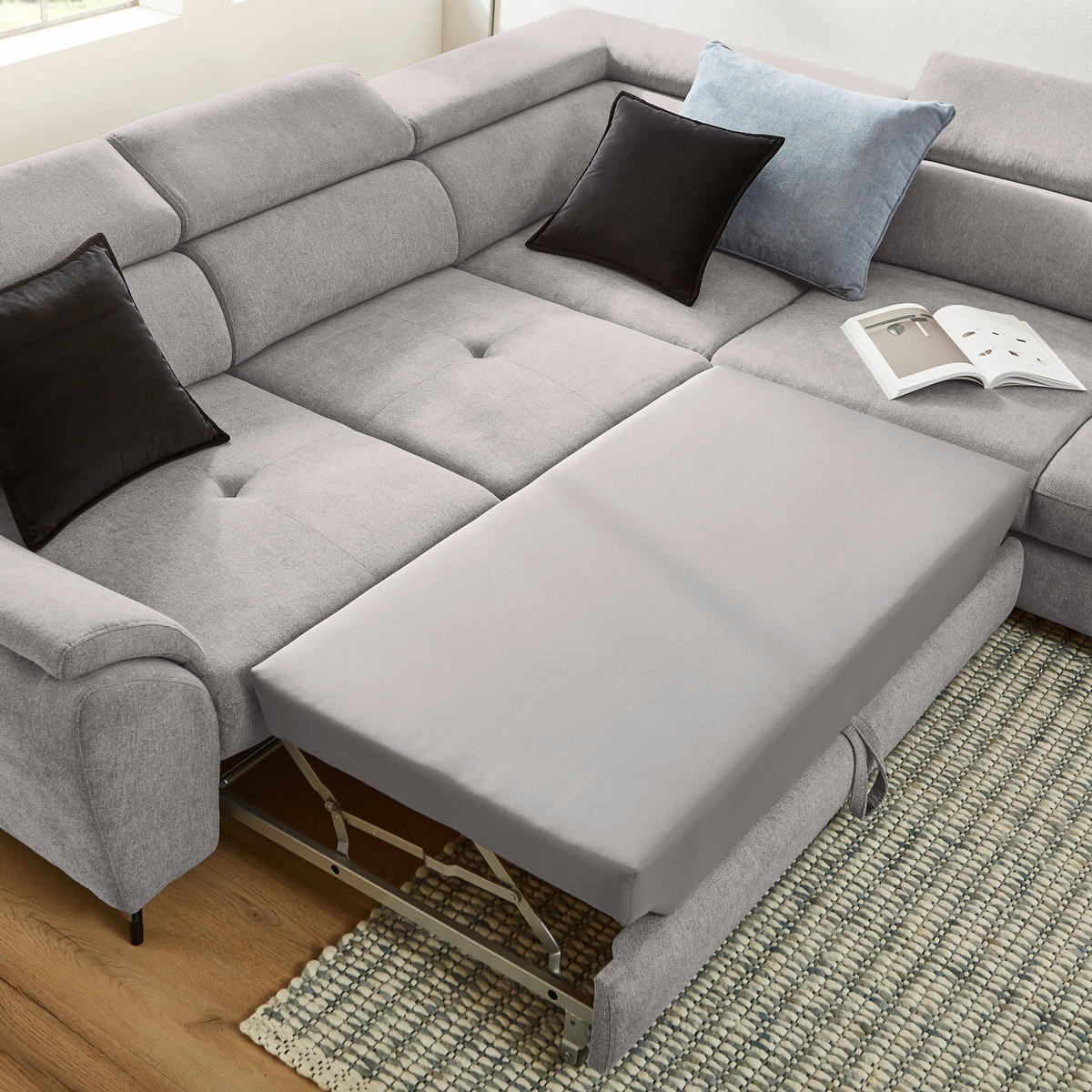 ECKSOFA in Webstoff Grau, Hellgrau  - Hellgrau/Schwarz, Design, Textil/Metall (277/237cm) - Stylife