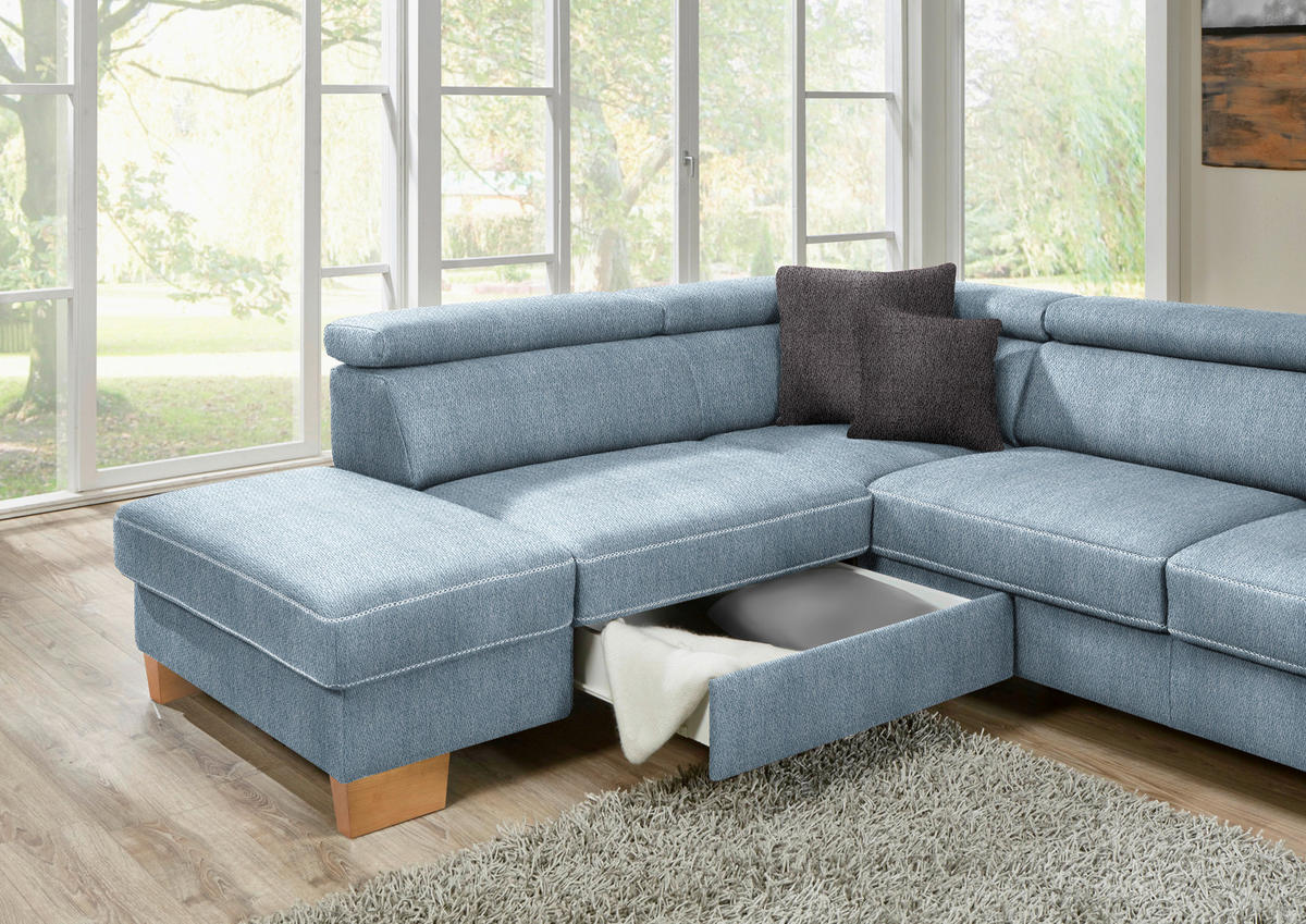 ECKSOFA in Mikrofaser Blau  - Blau/Eichefarben, Natur, Holz/Textil (273/226cm) - Beldomo System