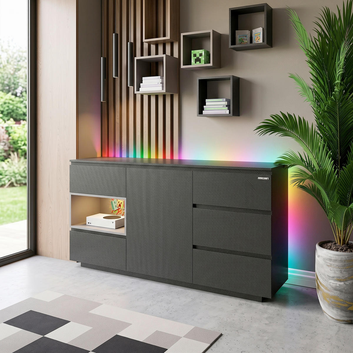 SIDEBOARD  160/80/40 cm 5 Schublade(n)  - Schwarz, MODERN, Holzwerkstoff (160/80/40cm) - Minecraft