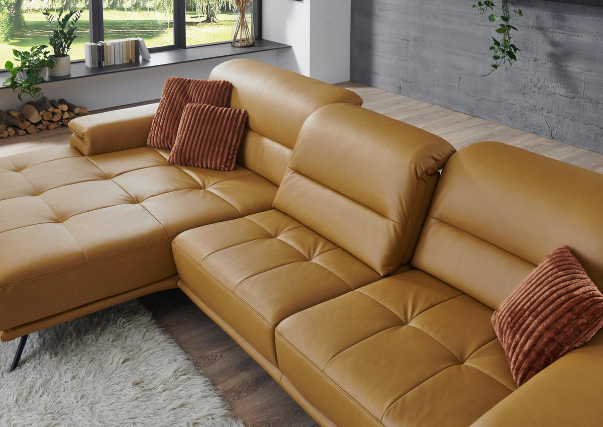 ECKSOFA Echtleder Currygelb  - Currygelb/Schwarz, Konventionell, Leder/Metall (193/343cm) - Beldomo Premium