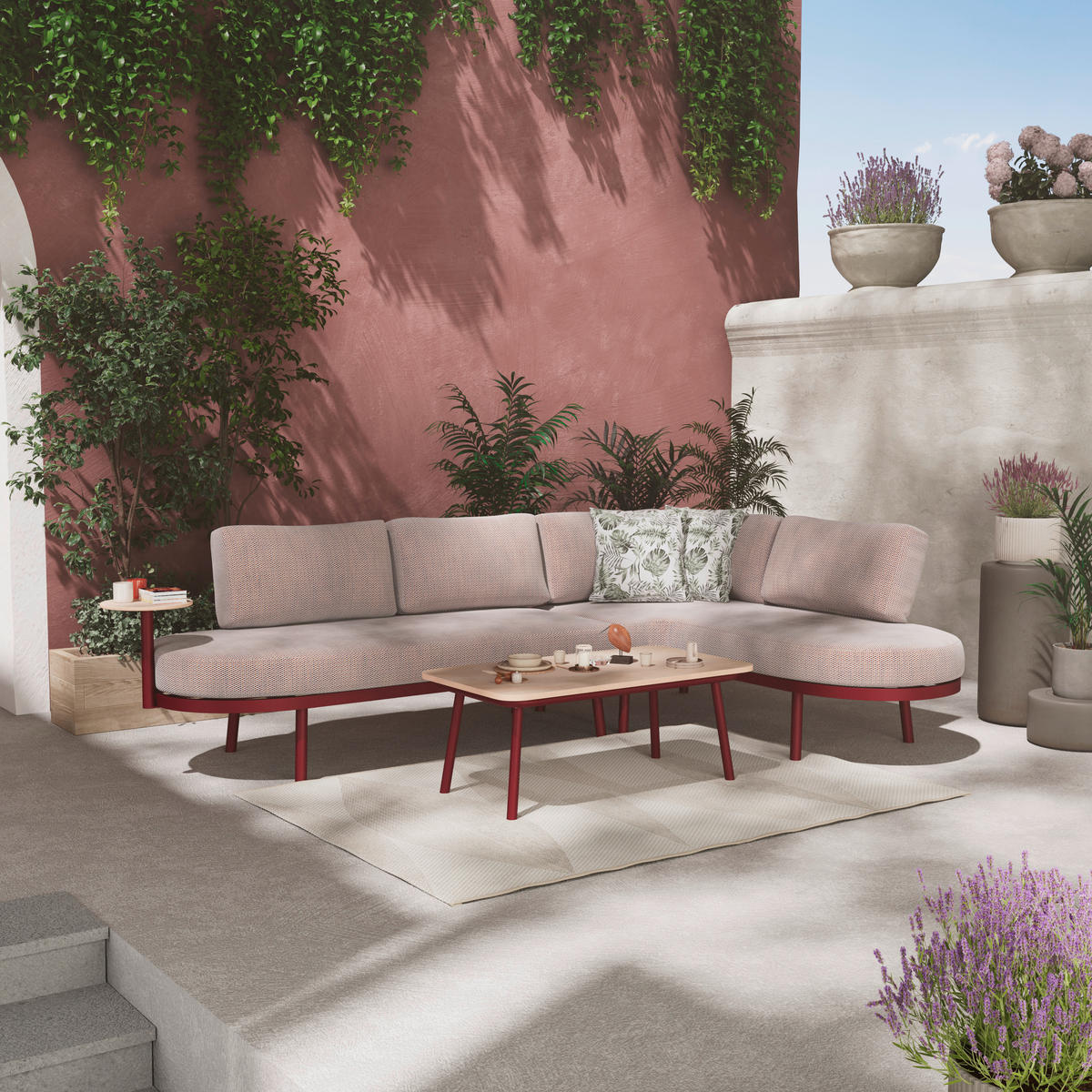 Set Lounge 4 piese  255/165 cm   - crem/roșu burgund, Modern, plastic/metal (255/165cm) - Ambia Garden