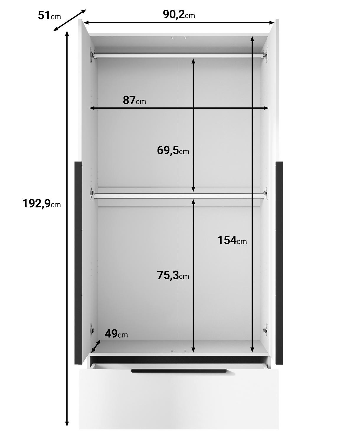 KLEIDERSCHRANK Weiss  - Weiss/Schwarz, Konventionell, Holzwerkstoff/Metall (90,2/192,9/51cm) - MID.YOU