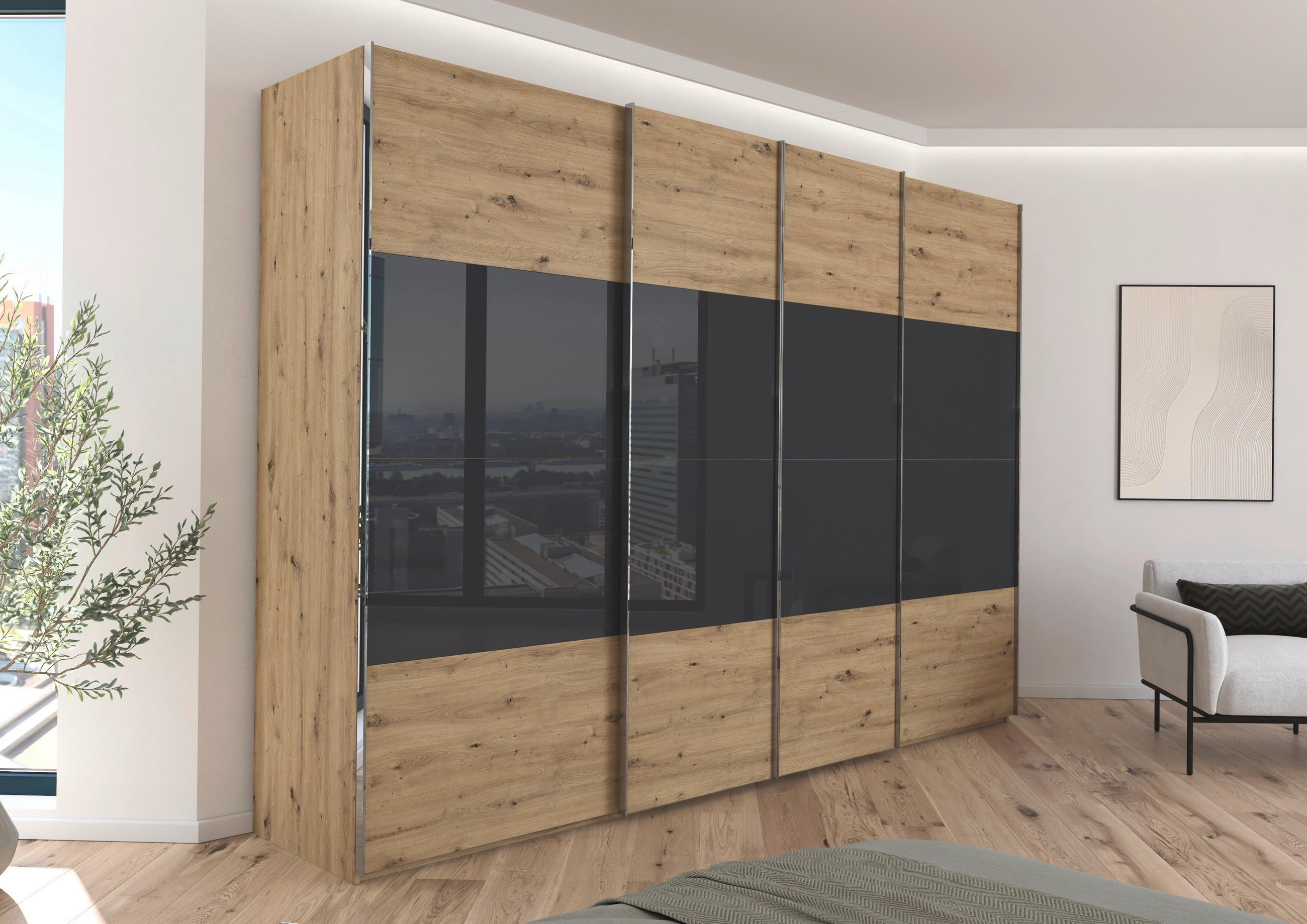 SCHWEBETÜRENSCHRANK 316/235/68 cm 4-türig Schwarz, Eiche Artisan  - Chromfarben/Schwarz, KONVENTIONELL, Glas/Holzwerkstoff (316/235/68cm) - Novel