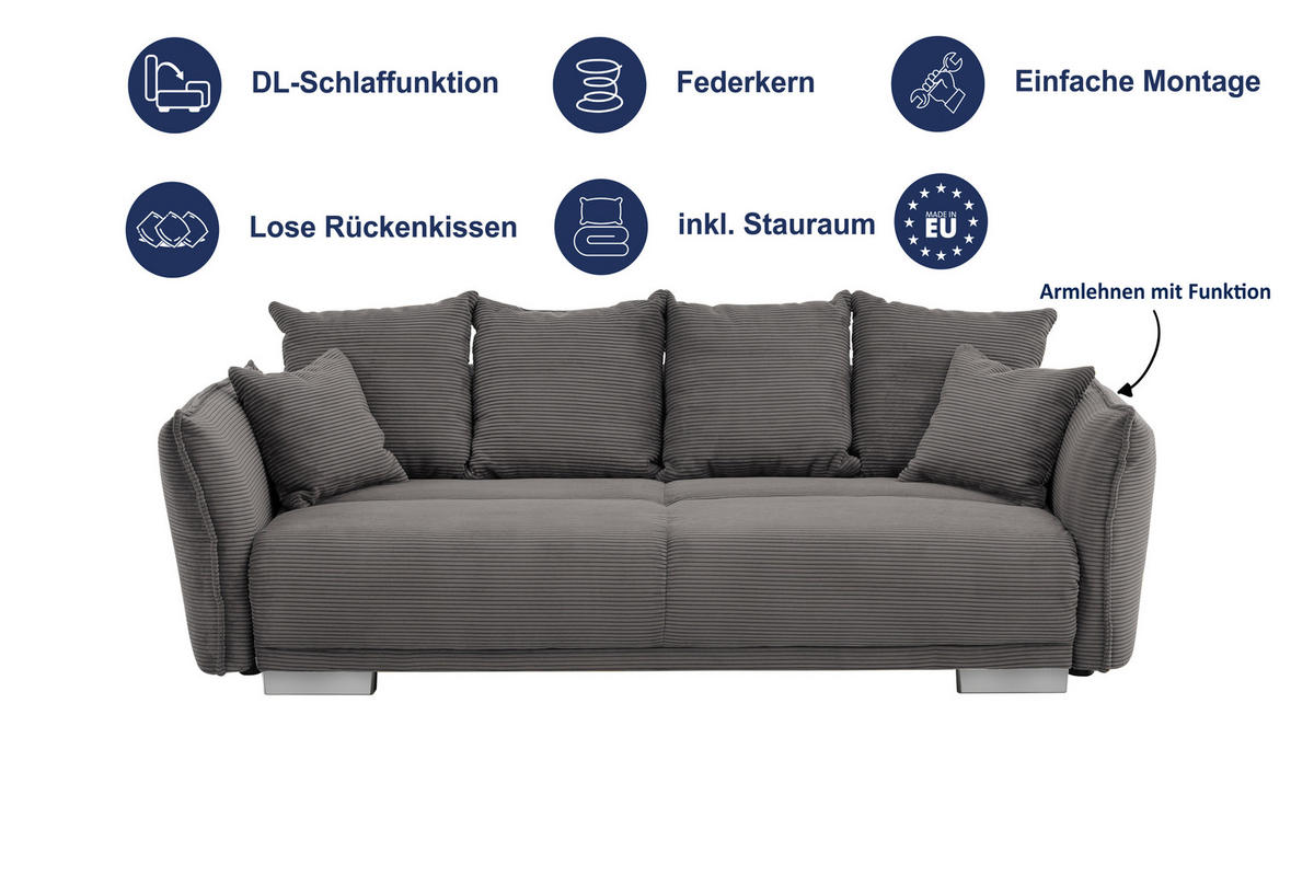 BIGSOFA in Cord Graubraun  - Chromfarben/Graubraun, Modern, Kunststoff/Textil (242/71/90/131cm) - Livetastic