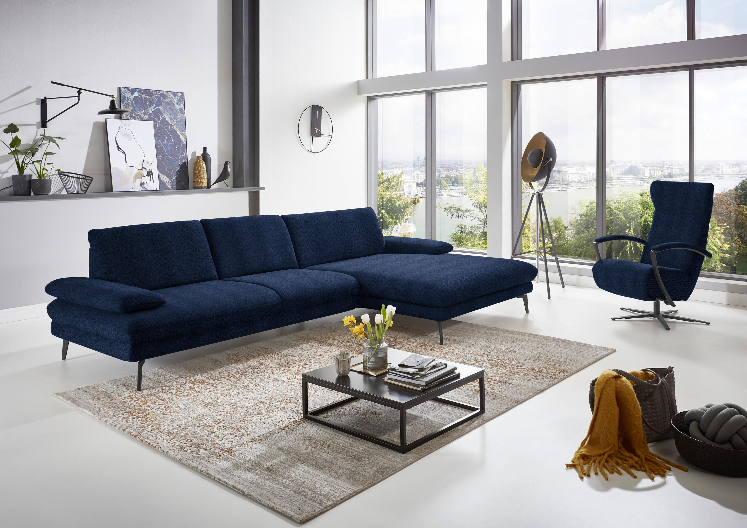 ECKSOFA in Chenille Dunkelblau  - Schwarz/Dunkelblau, Design, Textil/Metall (310/180cm) - Dieter Knoll