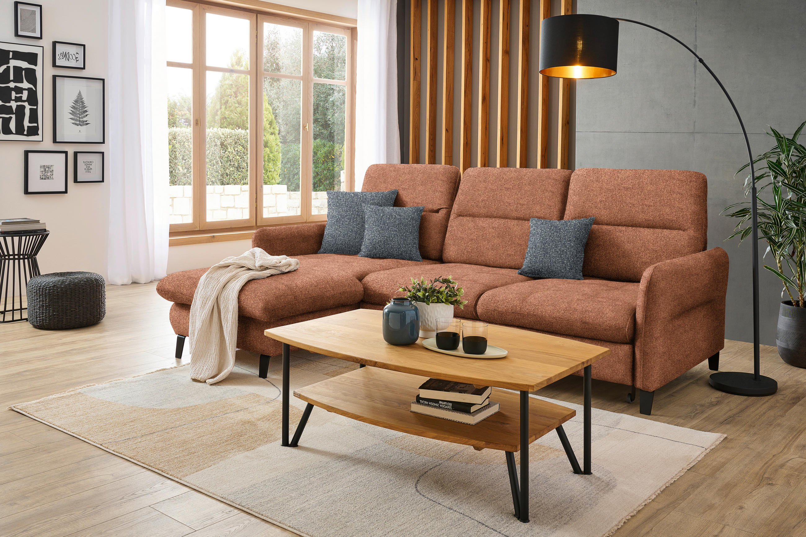 ECKSOFA Cognac Plüsch  - Cognac/Schwarz, KONVENTIONELL, Textil/Metall (190/254cm) - Livetastic