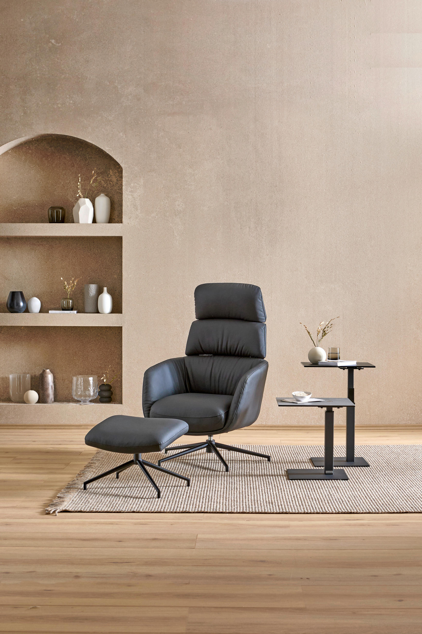 RELAXSESSELSET Echtleder Hocker, Kopfteilverstellung    - Schwarz, Design, Leder/Metall (73/110/87cm) - Dieter Knoll