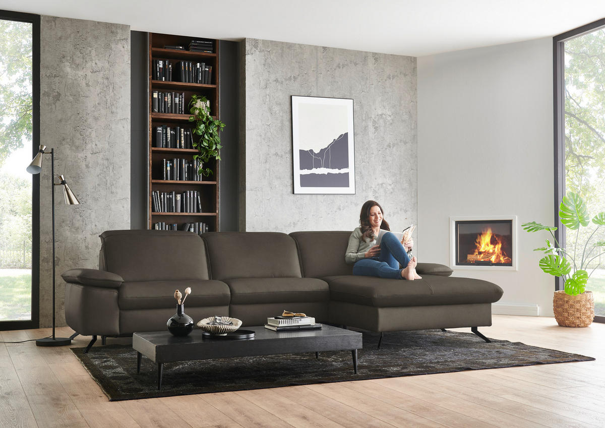 ECKSOFA  Echtleder Graubraun  - Graubraun/Schwarz, Design, Leder/Metall (307/169cm) - Beldomo Premium