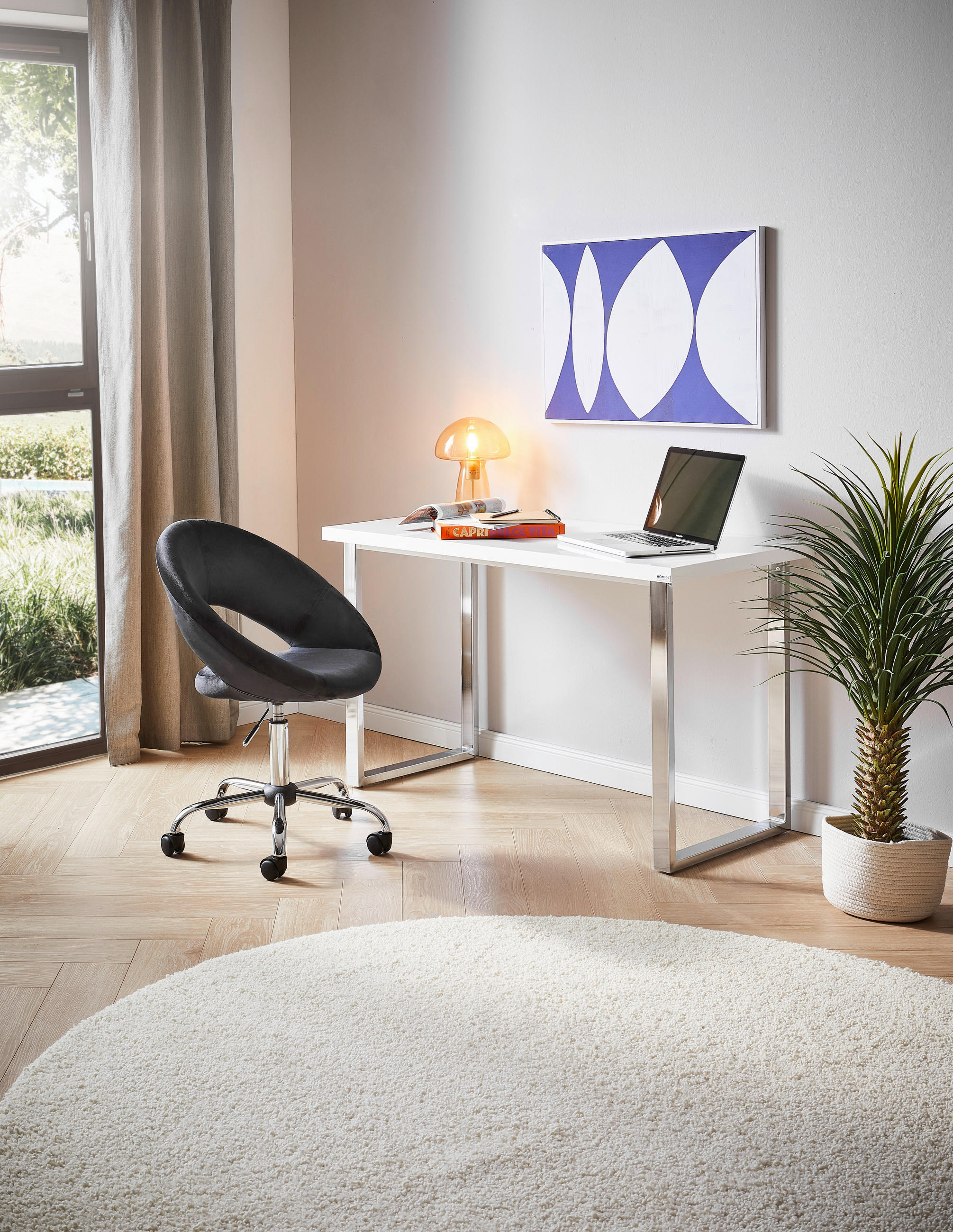 Inter Link Schreibtisch Claude - Weiß Hochglanz, 120x55x76cm, Mit 2 Schubladen & Metallgestell, MDF, Moderner Homeoffice Tisch