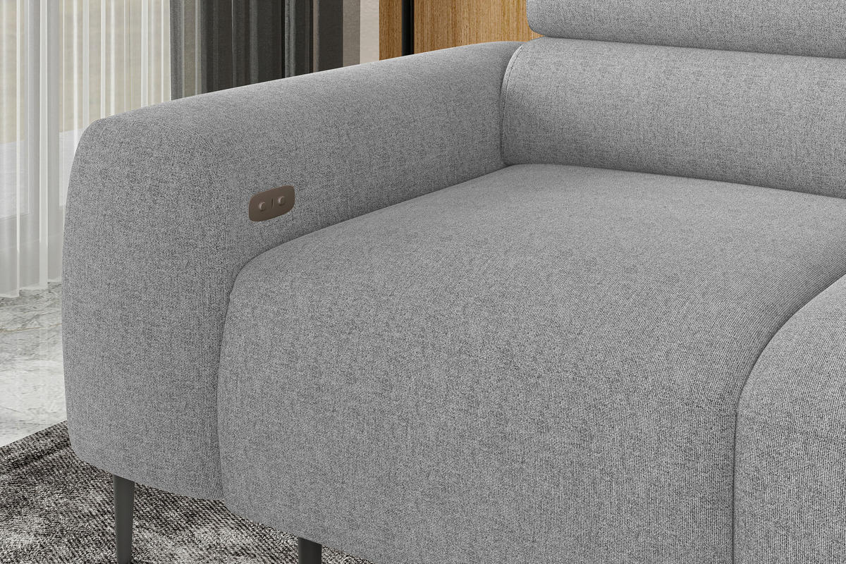 ECKSOFA Hellgrau Struktur Rücken echt, Kopfteilverstellung, Sitztiefenverstellung  - Hellgrau/Schwarz, MODERN, Textil/Metall (274/179cm) - Welnova