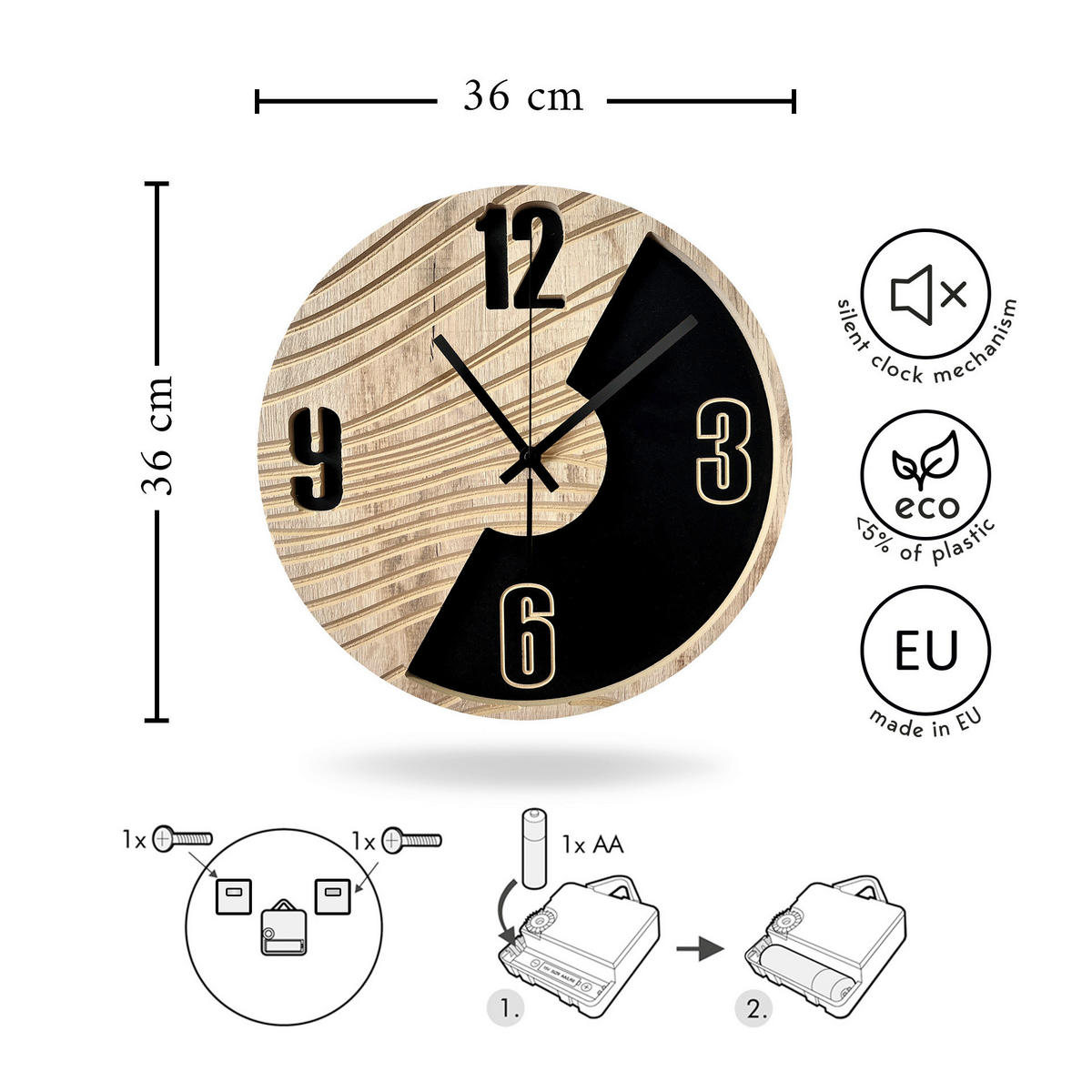 WANDUHR Schwarz, Eichefarben  - Eichefarben/Schwarz, Basics, Holz/Kunststoff (36cm)