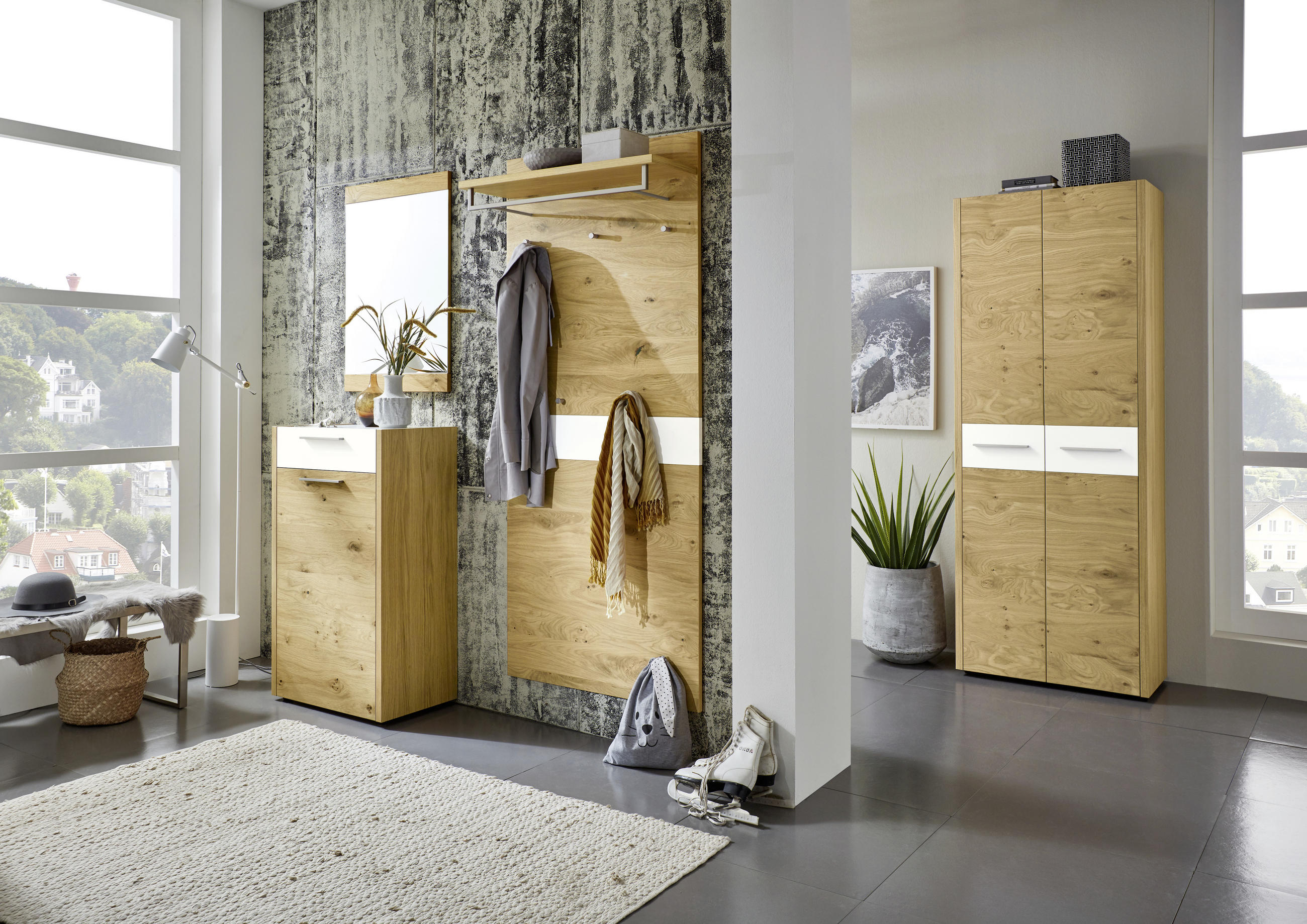 GARDEROBENSCHRANK Eiche, Balkeneiche furniert Weiß, Eichefarben - Eichefarben/Silberfarben, Design, Holz/Holzwerkstoff (73/193/37cm)