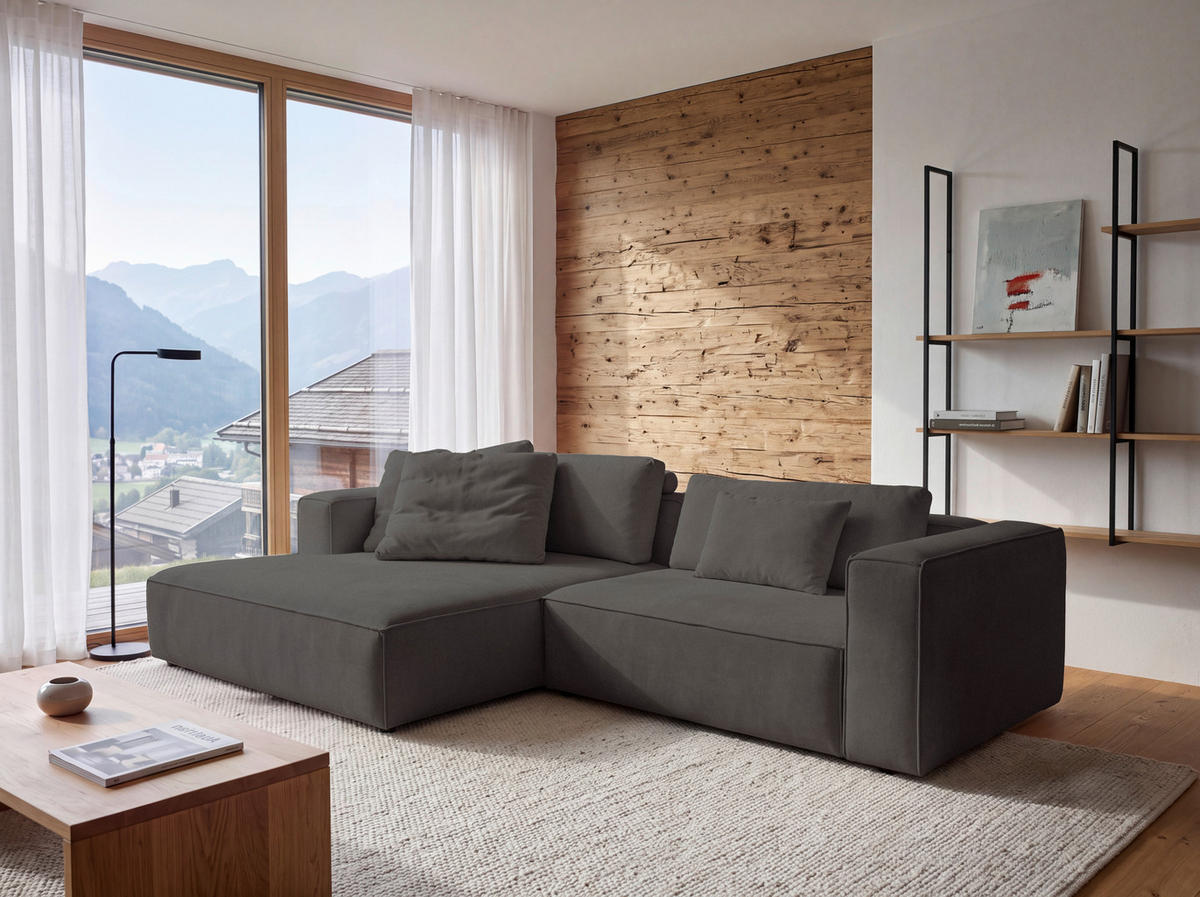 ECKSOFA Dunkelbraun Chenille Rücken echt  - Dunkelbraun/Schwarz, MODERN, Kunststoff/Textil (185/296cm) - Hom`in